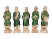 A Set of Five Chinese Green Glazed Porcelain Figures