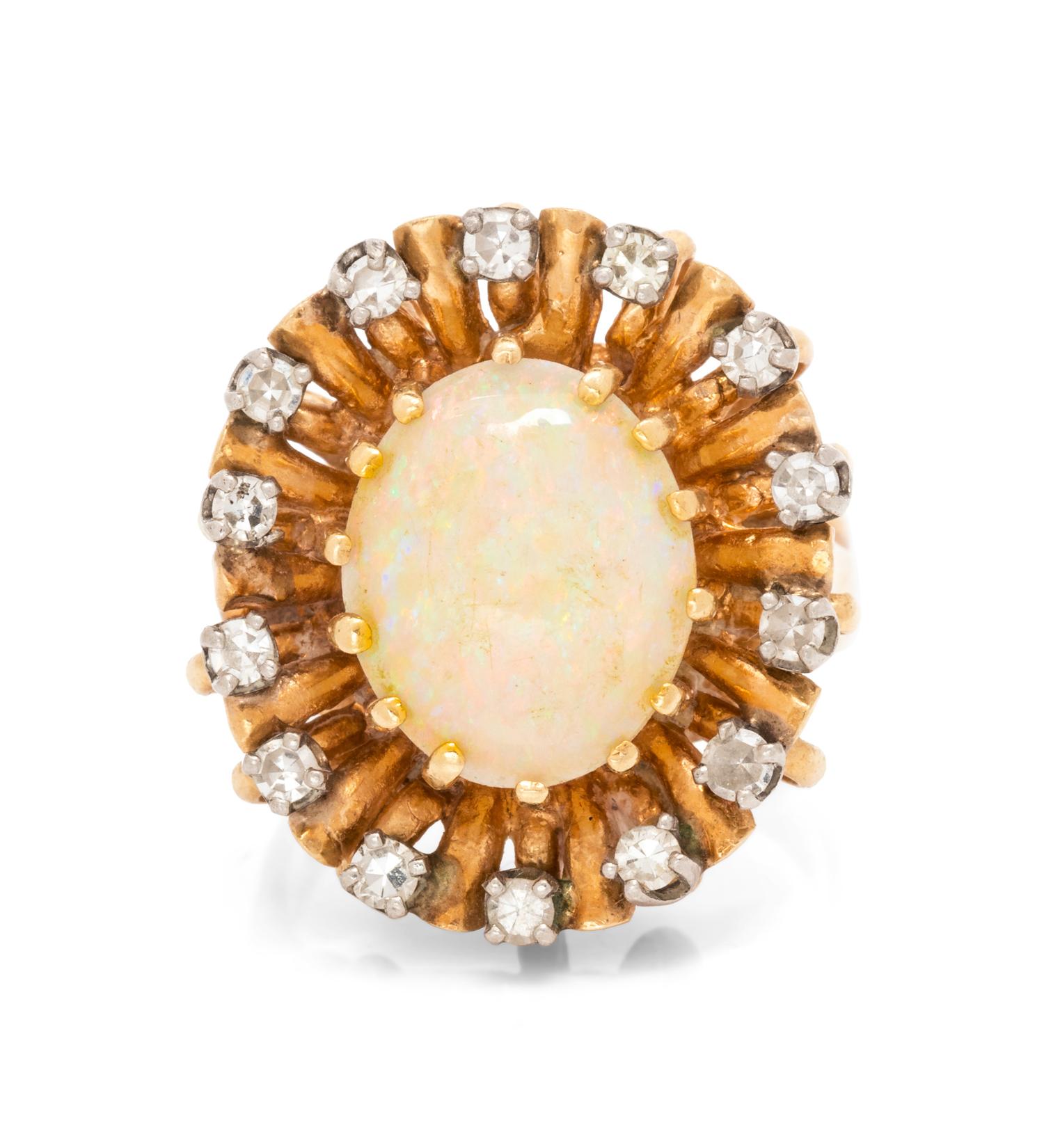 A 14 Karat Yellow Gold, Opal and Diamond Ring,