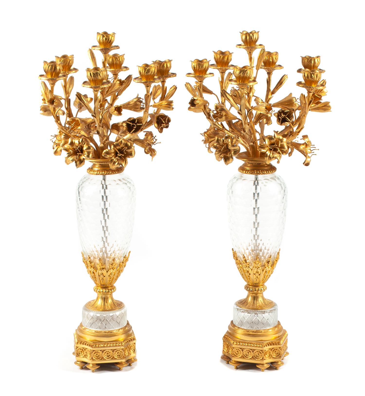 A Pair of French Gilt Bronze and Cut Glass Seven-Light Candelabra Height 33 inches.