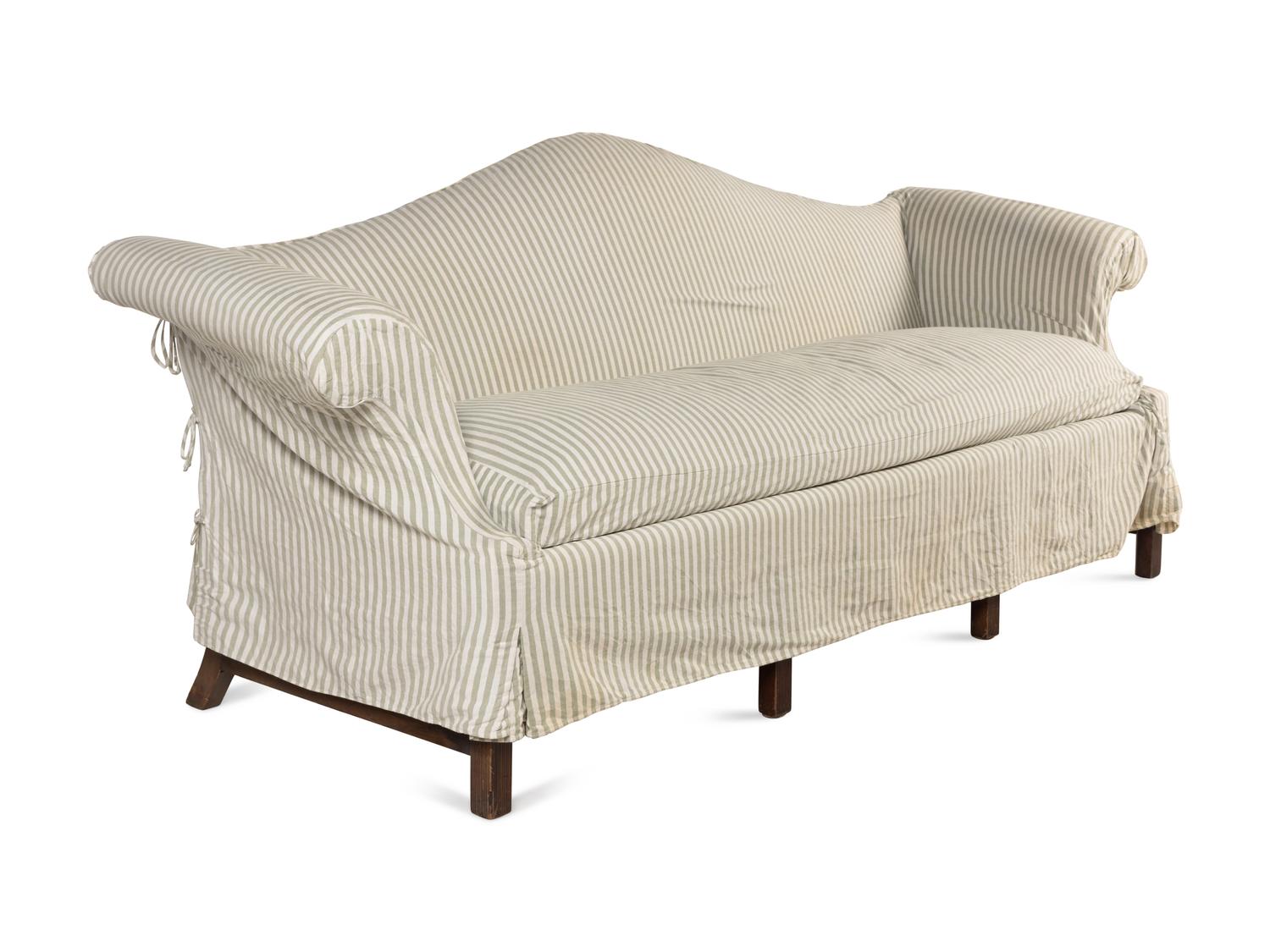 A George III Style Velvet Upholstered Camel Back Sofa