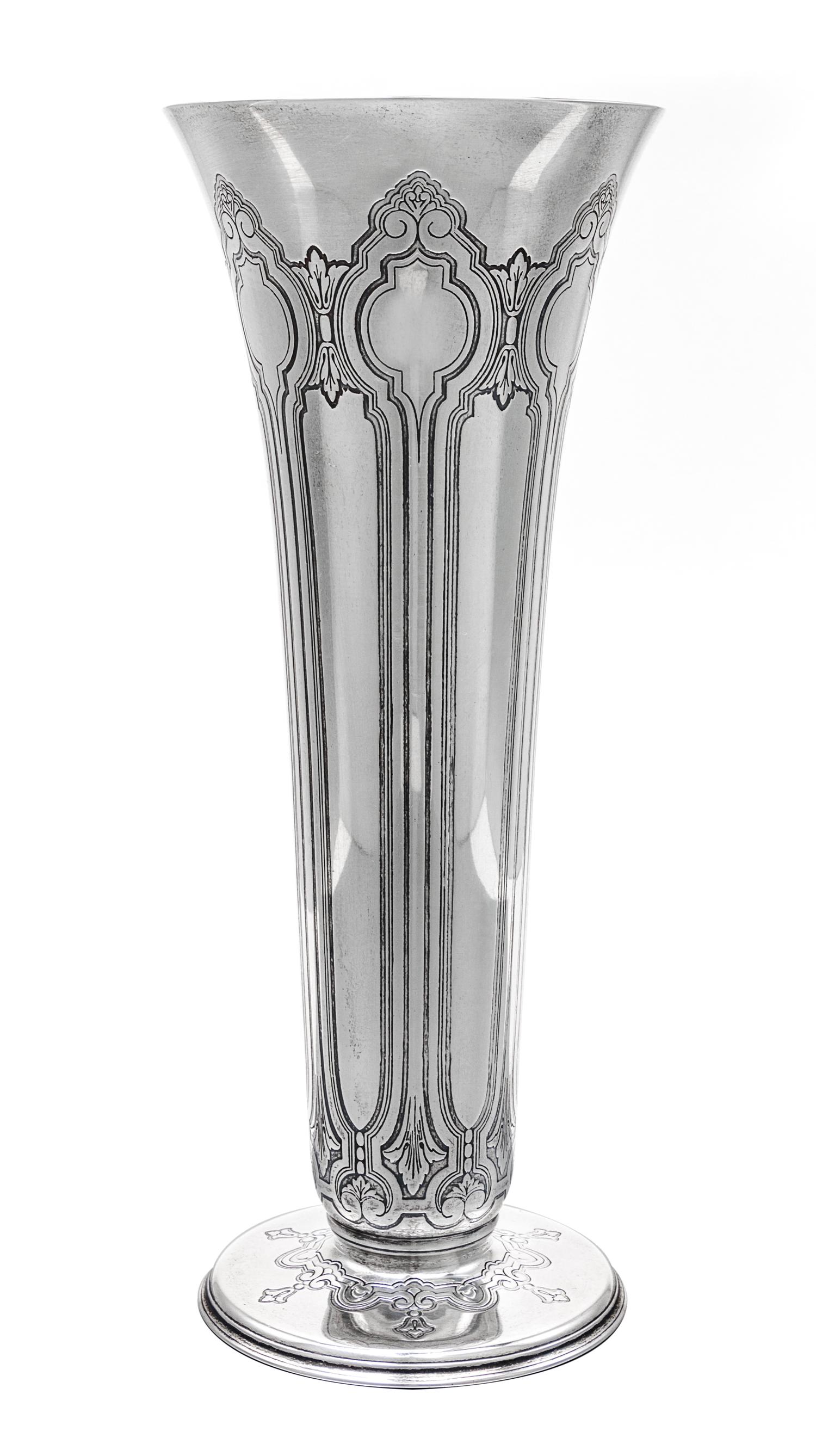 An American Silver Vase, Tiffany & Co., New York, NY, of trumpet form, the body and base worked with foliate, bell flower and geometric