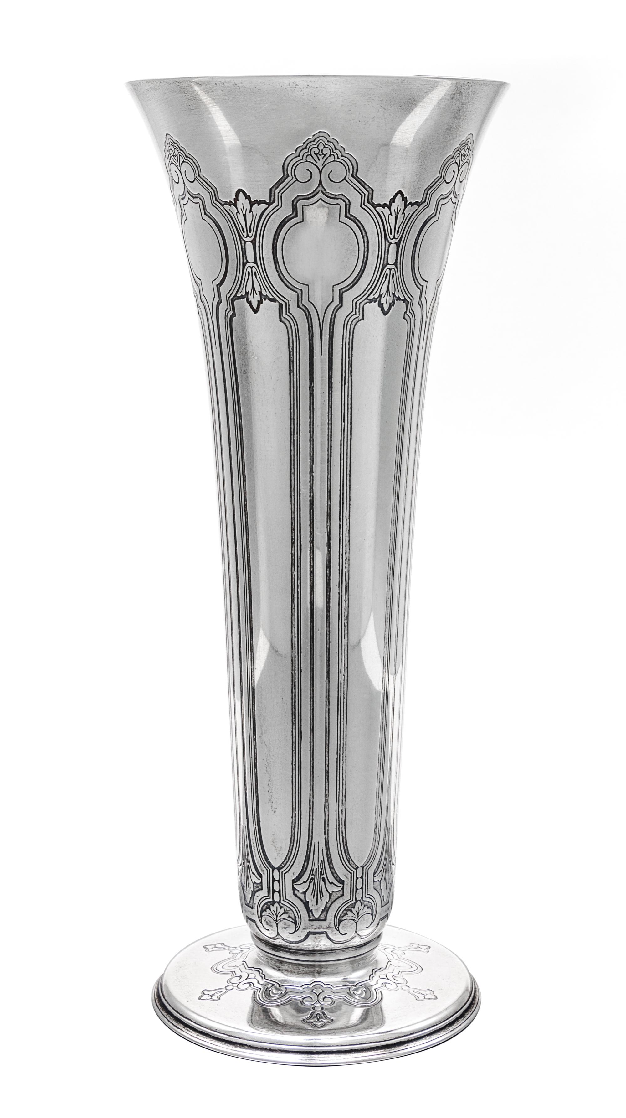 An American Silver Vase, Tiffany & Co., New York, NY, of trumpet form, the body and base worked with foliate, bell flower and geometric