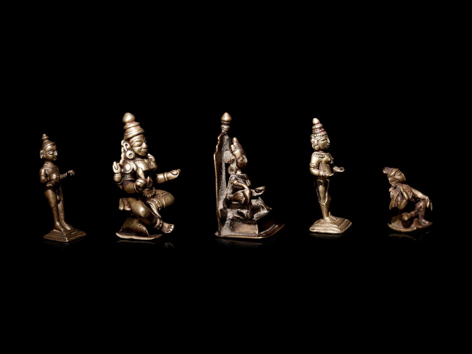 Five Indian Gilt Bronze Figures of Deities and Attendants