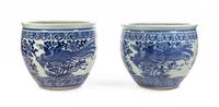 A Pair of Massive Chinese Blue and White Glazed Fish Bowls 19TH CENTURY Diameter 30 inches. — 19TH CENTURY