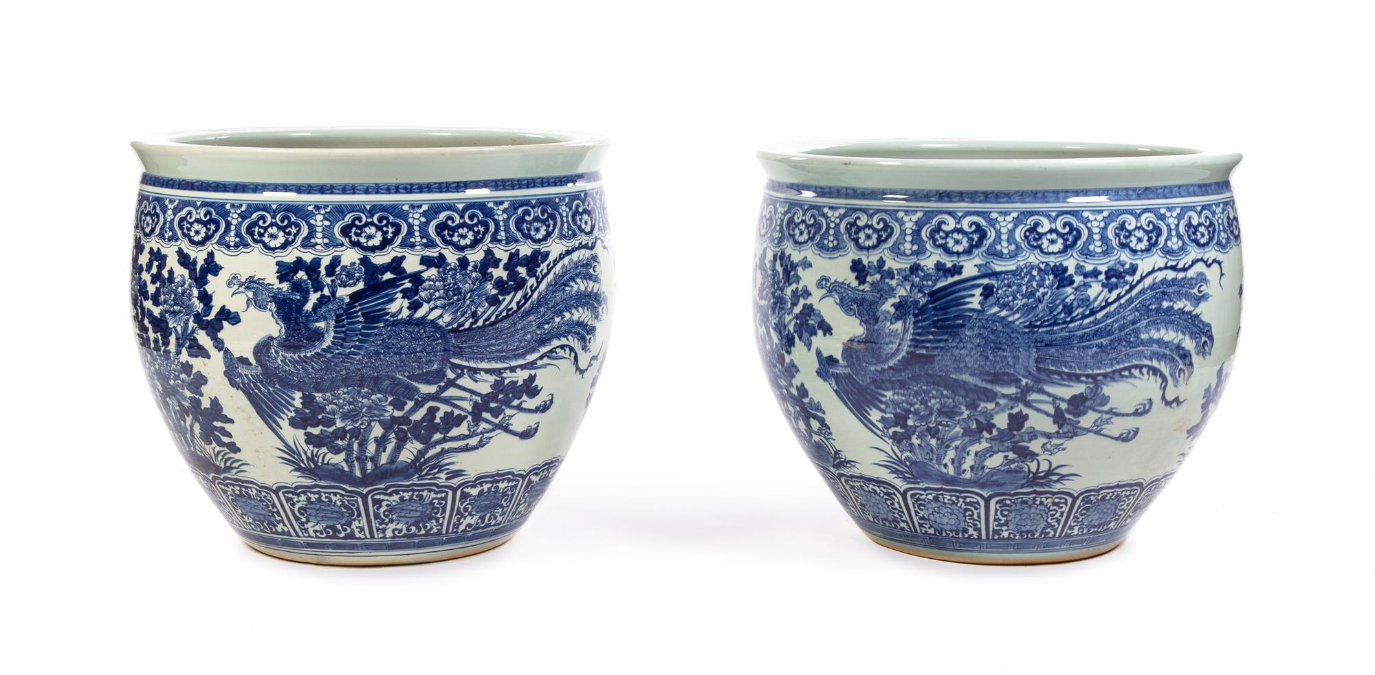 A Pair of Massive Chinese Blue and White Glazed Fish Bowls 19TH CENTURY Diameter 30 inches. — 19TH CENTURY