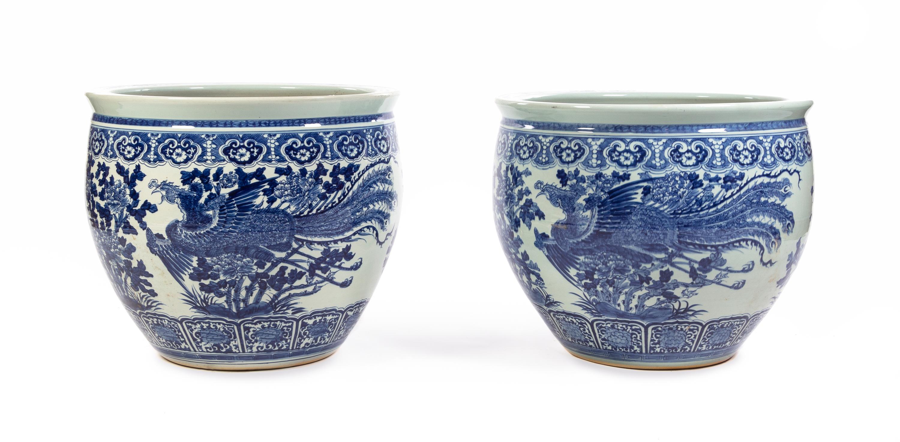 A Pair of Massive Chinese Blue and White Glazed Fish Bowls 19TH CENTURY Diameter 30 inches. — 19TH CENTURY