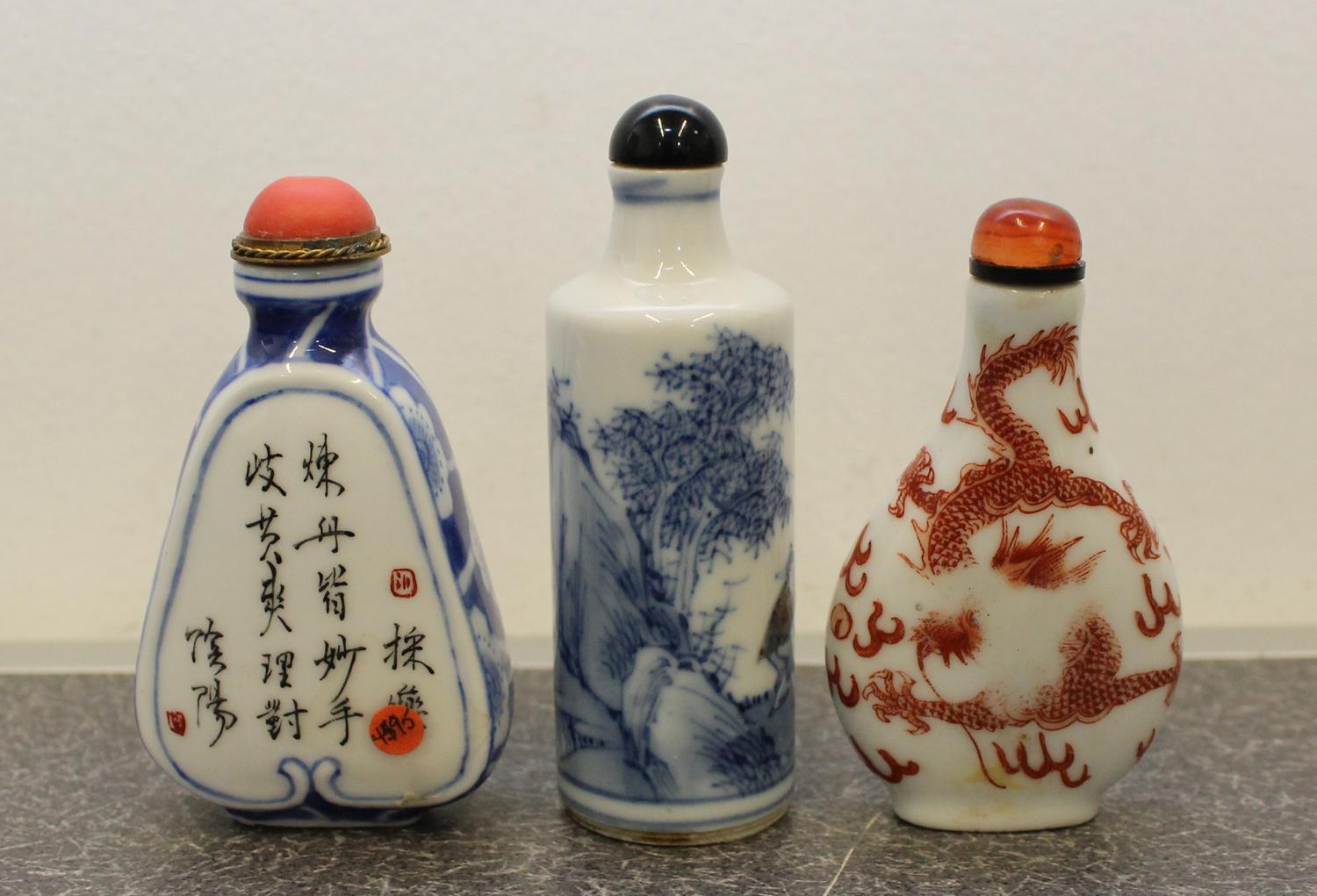 Three Porcelain Snuff Bottles Height of tallest 3 1/4 inches.