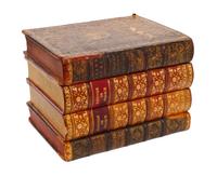 A French Book Form Decanter Set, Height 7 1/2 x width 10 1/8 x depth 8 inches.