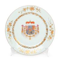 A Chinese Export Parcel-Gilt Armorial Porcelain Charger