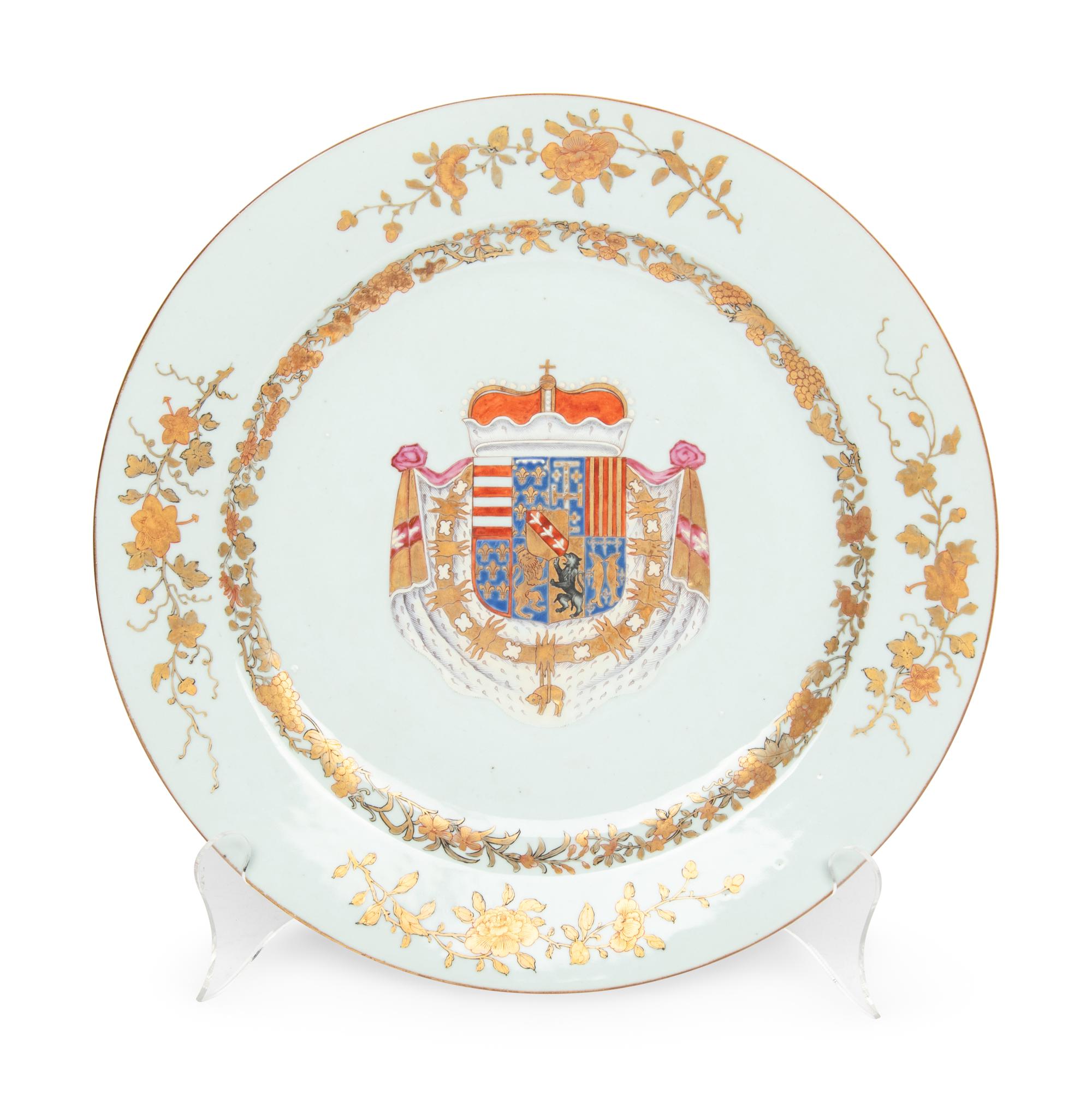 A Chinese Export Parcel-Gilt Armorial Porcelain Charger