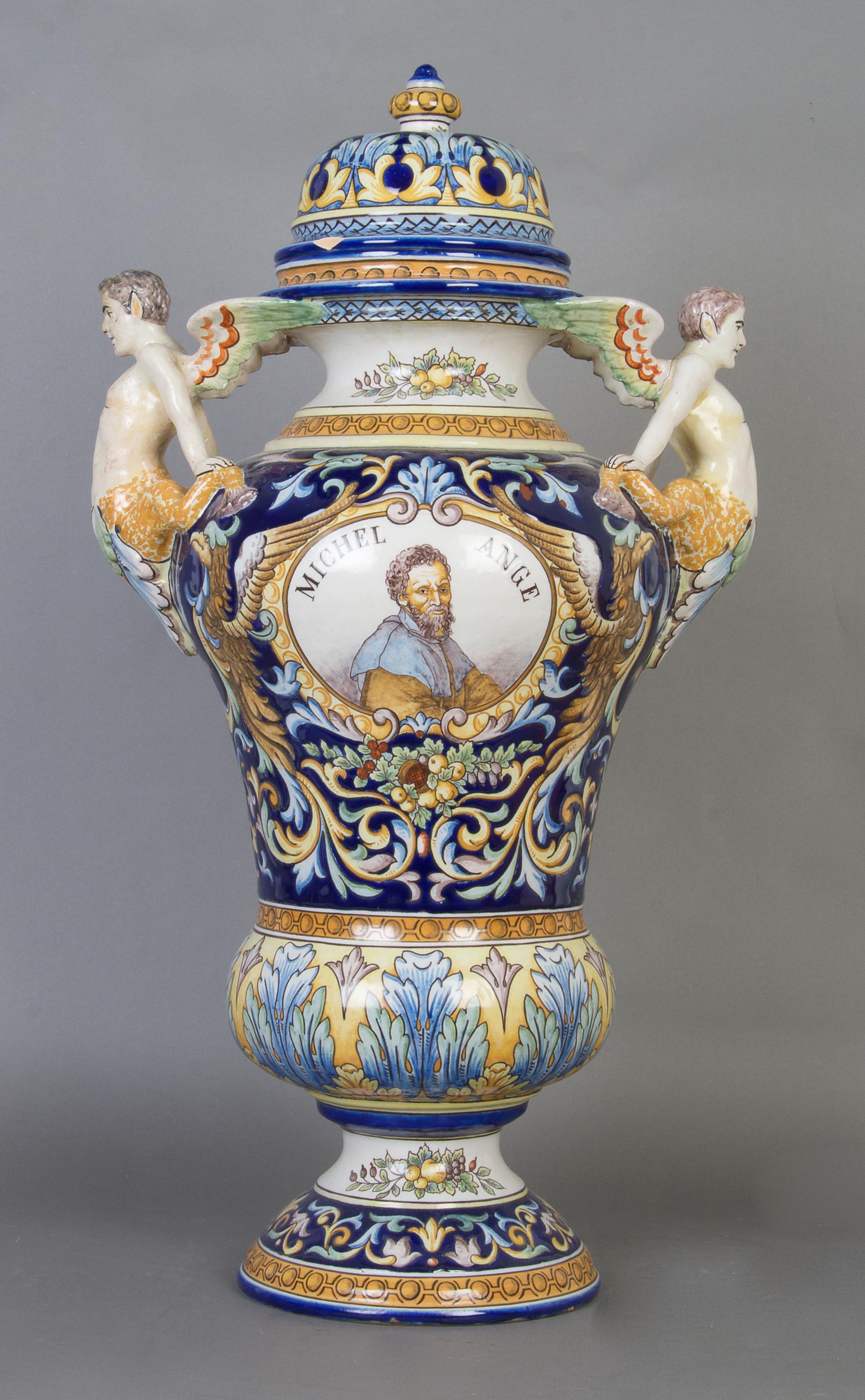 A French Faience Urn and Cover, A. Montagnon, Height 27 1/2 inches.