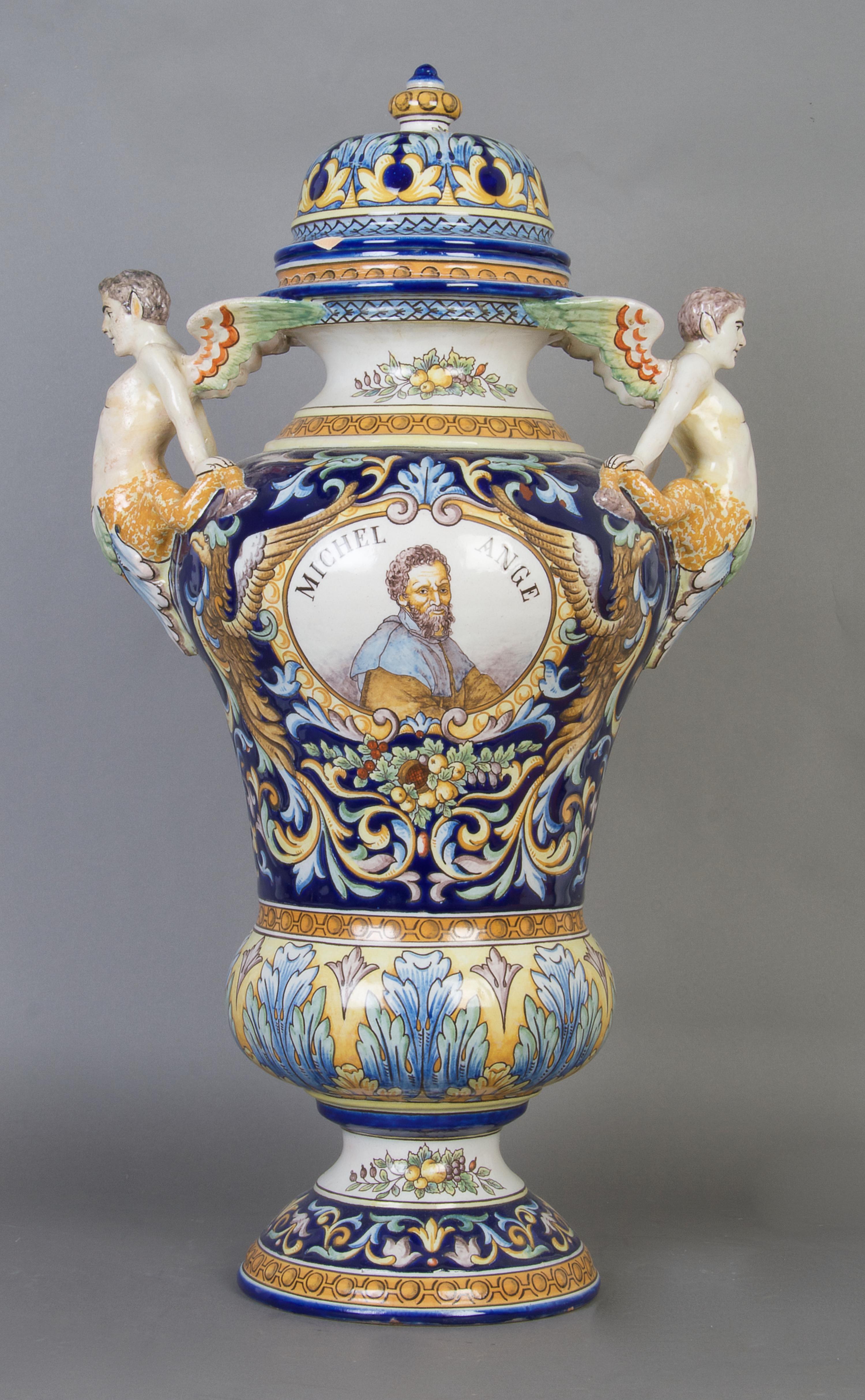 A French Faience Urn and Cover, A. Montagnon, Height 27 1/2 inches.