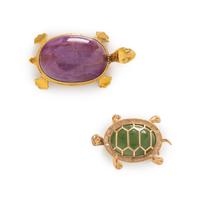 TWO GOLD AND GEMSTONE TURTLE BROOCHES