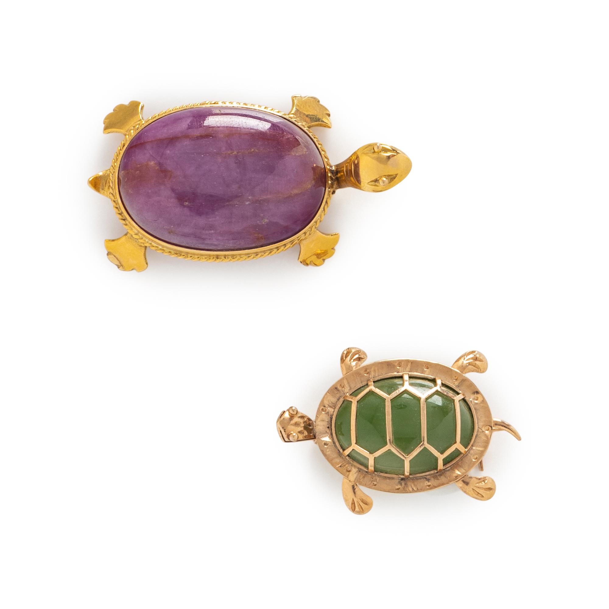 TWO GOLD AND GEMSTONE TURTLE BROOCHES