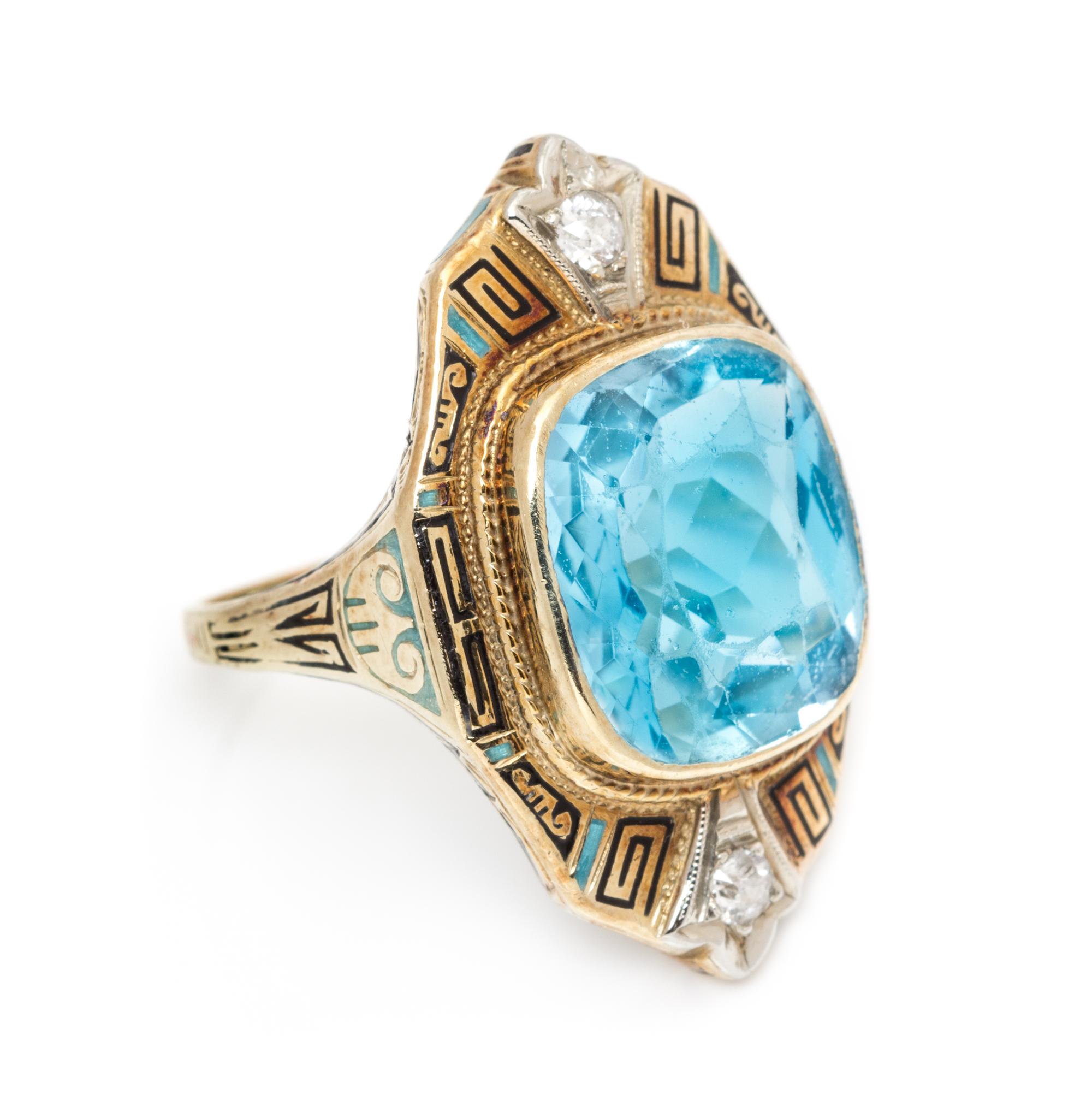 An Art Deco Yellow Gold, Platinum, Aquamarine, Diamond and Polychrome Enamel Ring, 4.30 dwts.