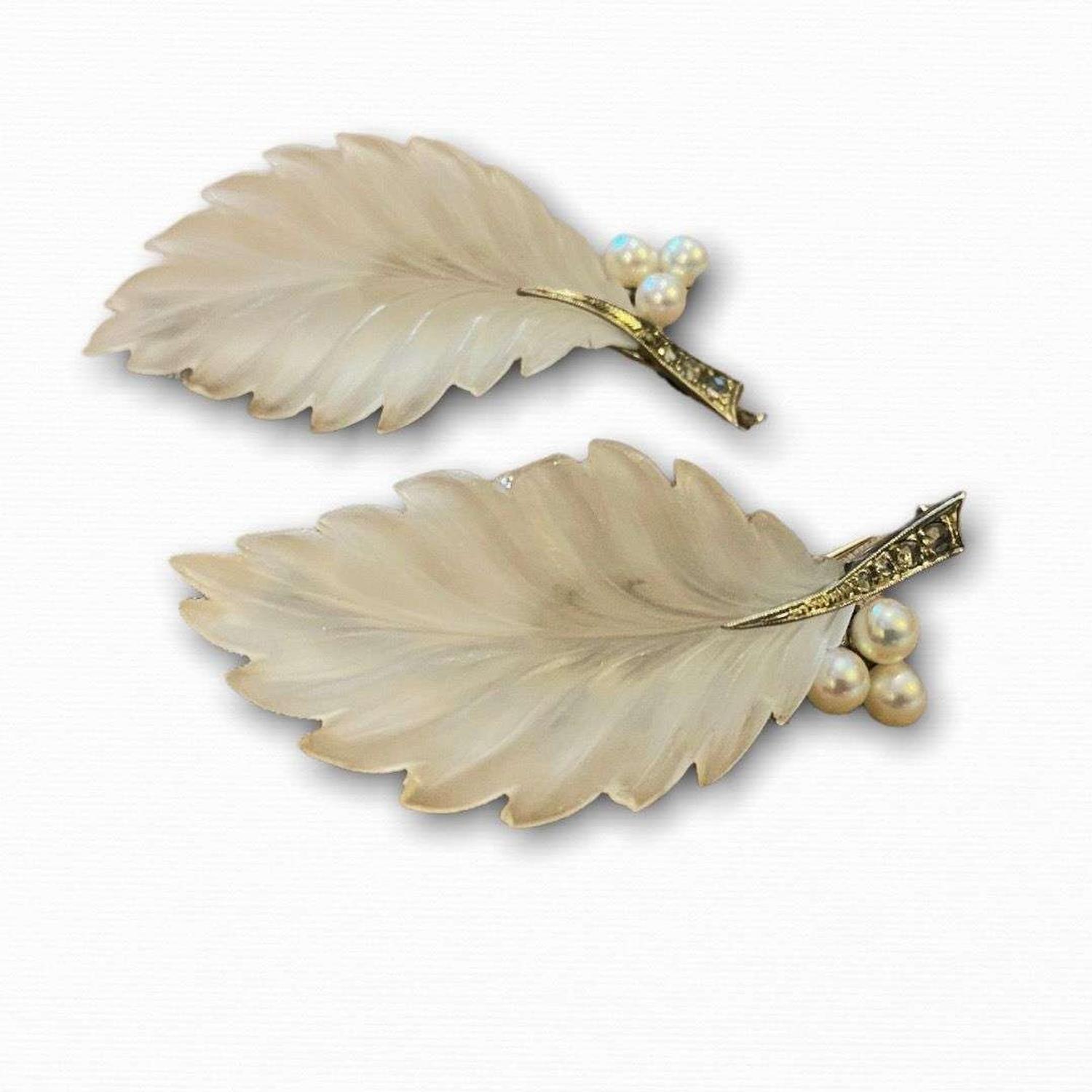 Set of Two 14K White Gold and Rock Crystal Brooches