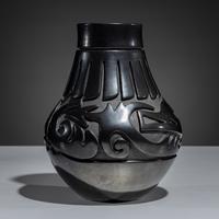 Carved Blackware Pottery Vase, Stylized Avanyu
