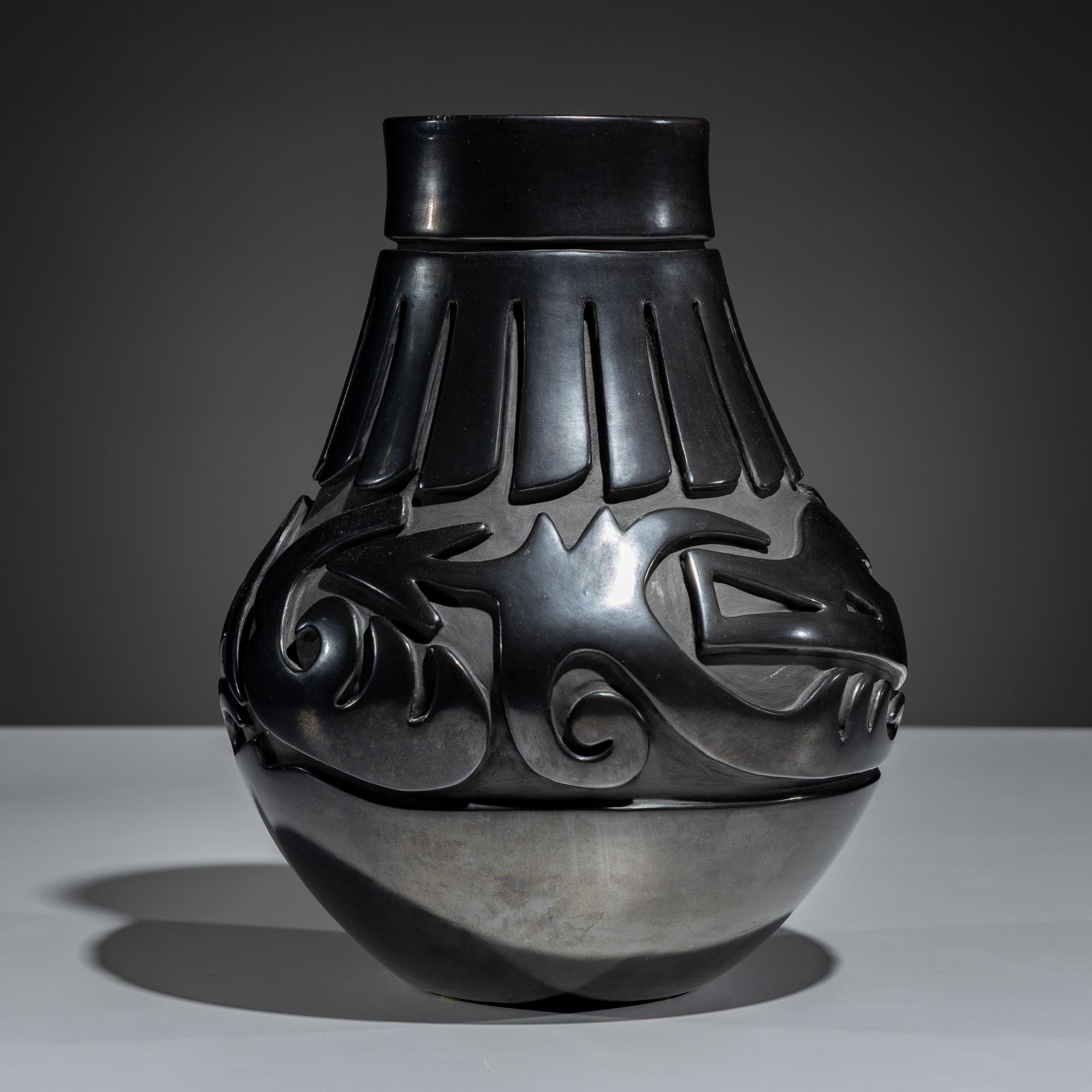 Carved Blackware Pottery Vase, Stylized Avanyu