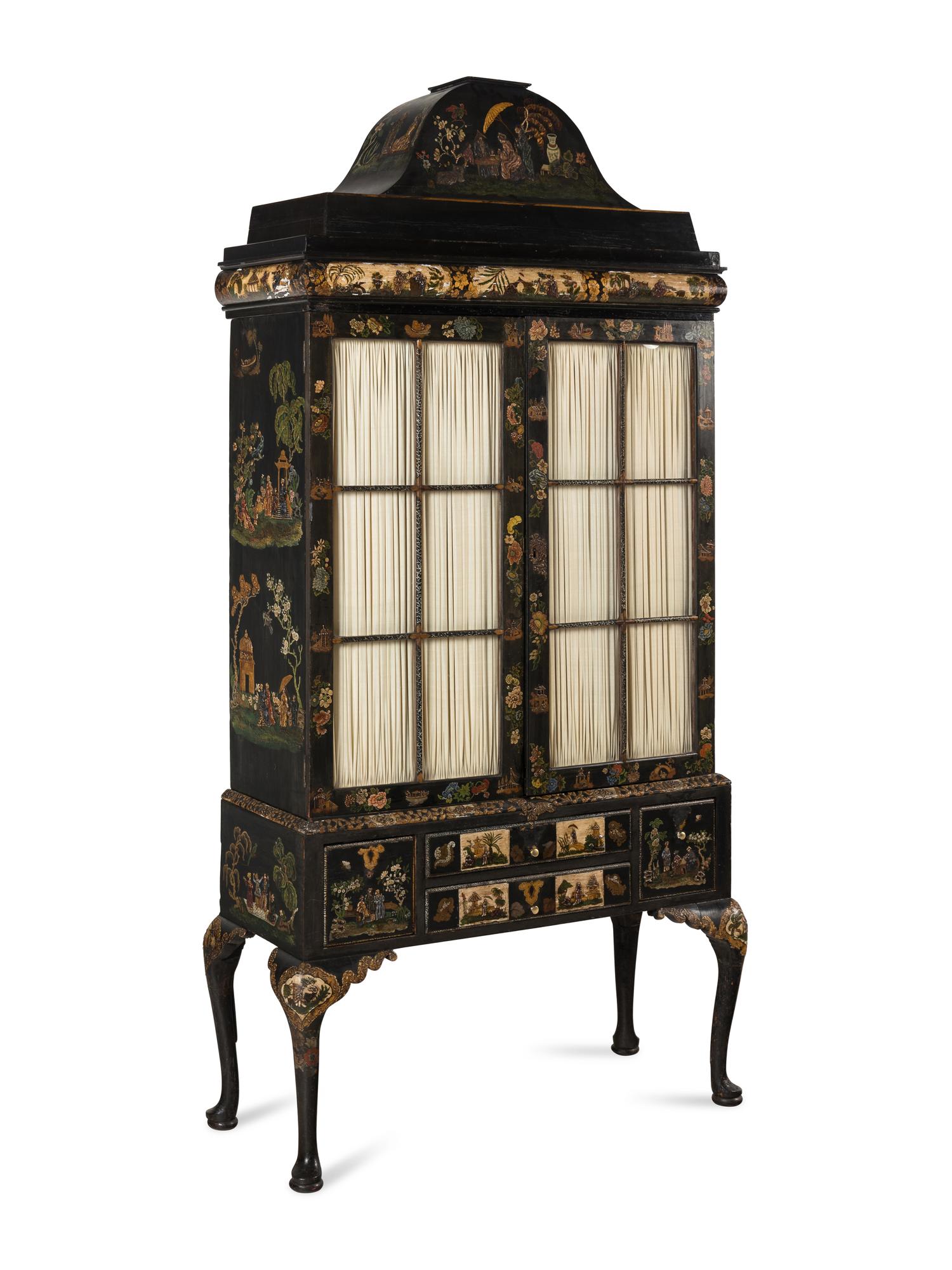A Queen Anne Style Polychrome and Black Japanned Bookcase on Stand