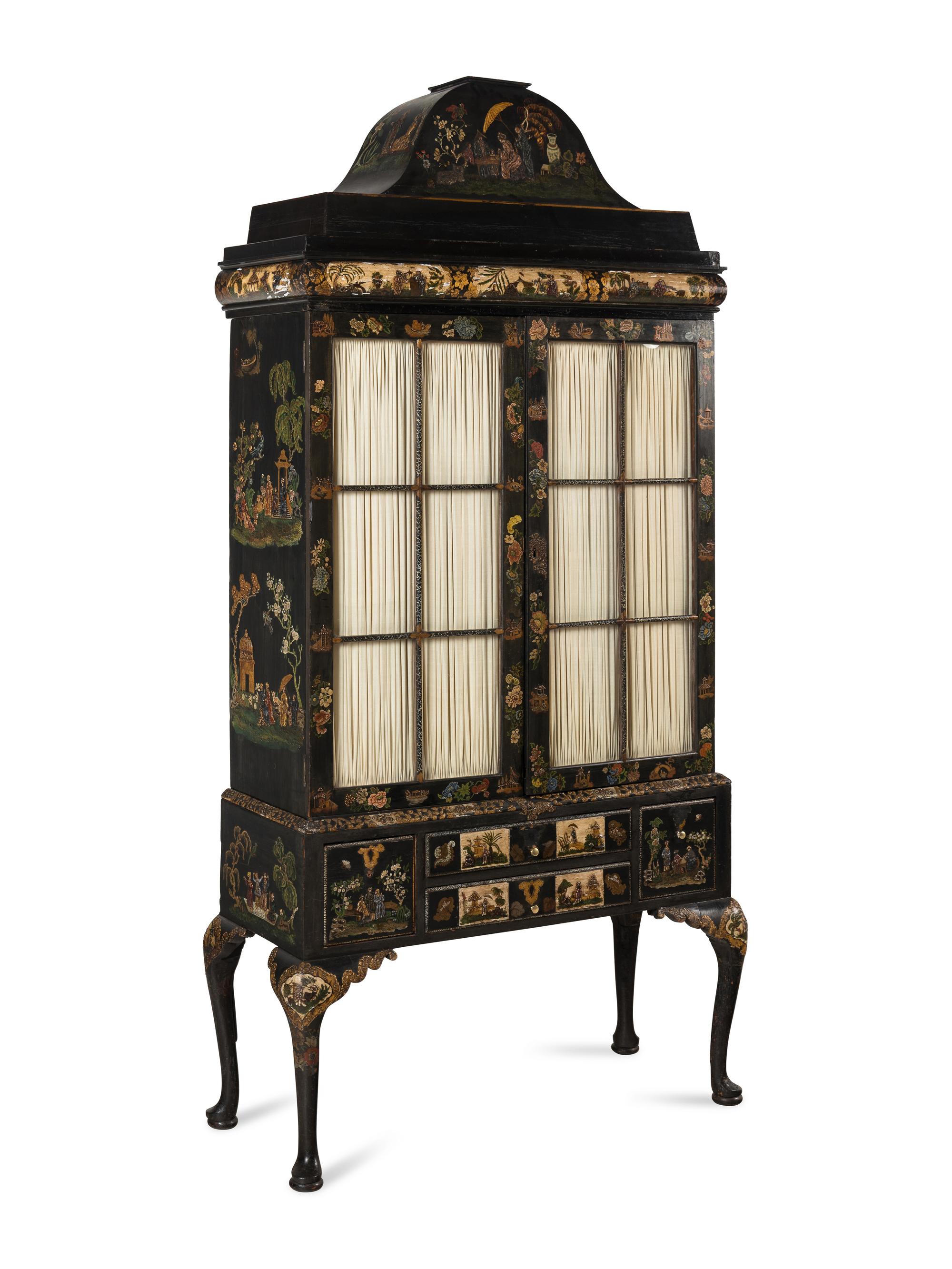 A Queen Anne Style Polychrome and Black Japanned Bookcase on Stand