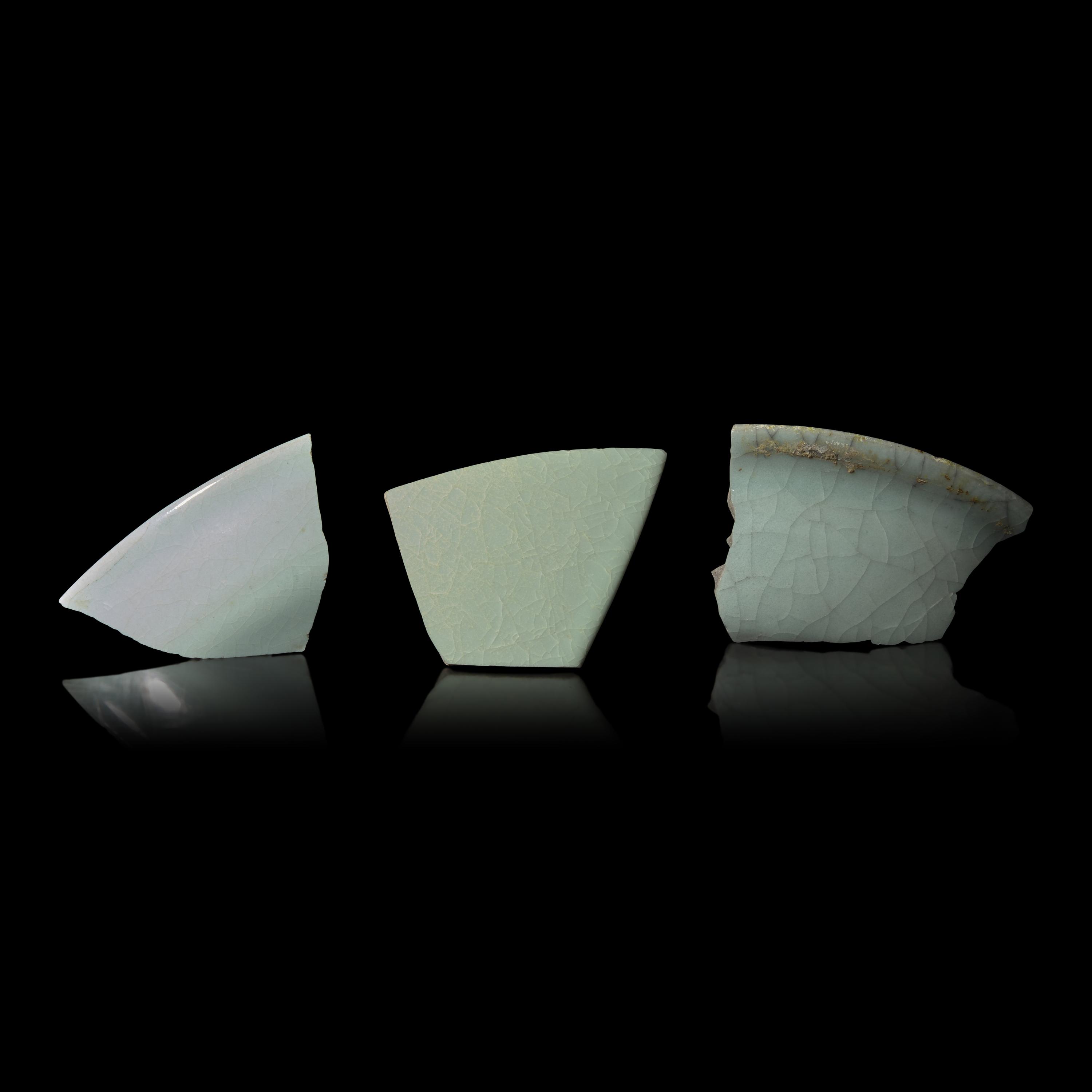 Three Chinese Celadon Glazed Fragments, Song Dynasty — 宋 汝窯、官窯及張公巷瓷片三件