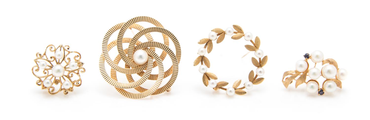 A Collection of 14 Karat Yellow Gold, Cultured Pearl and Sapphire Brooches, 14.50 dwts.