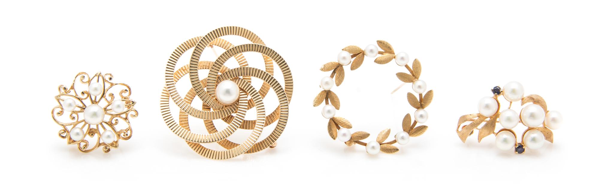 A Collection of 14 Karat Yellow Gold, Cultured Pearl and Sapphire Brooches, 14.50 dwts.