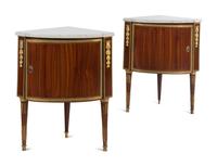 A Pair of Louis XVI Gilt Bronze Mounted Mahogany Marble-Top Encoignures by Charles Topino (French, 1742-1803)