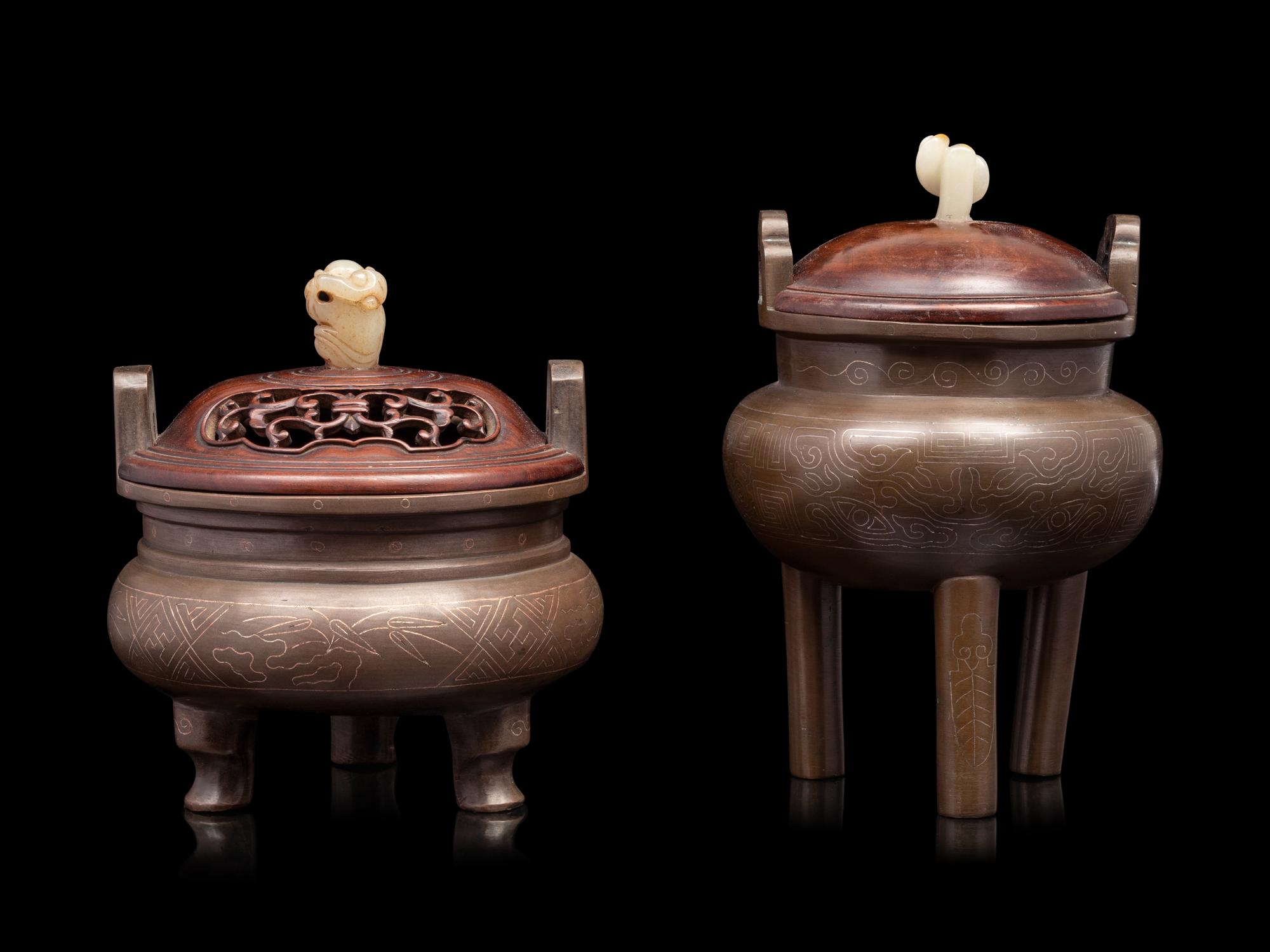 Two Chinese Silver Inlaid Bronze Tripod Incense Burners