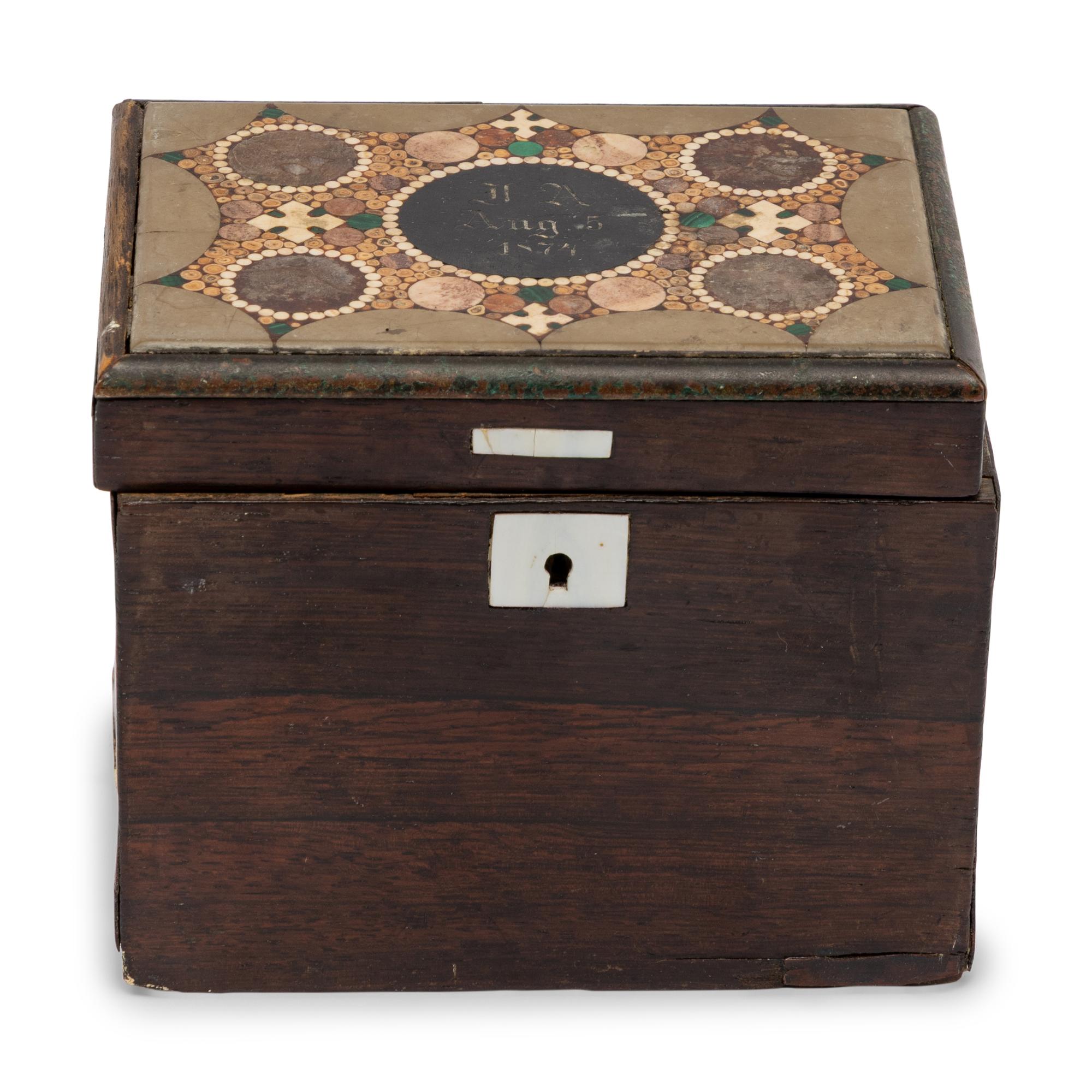 An English Rosewood and Mosaic-Inset Tea Caddy