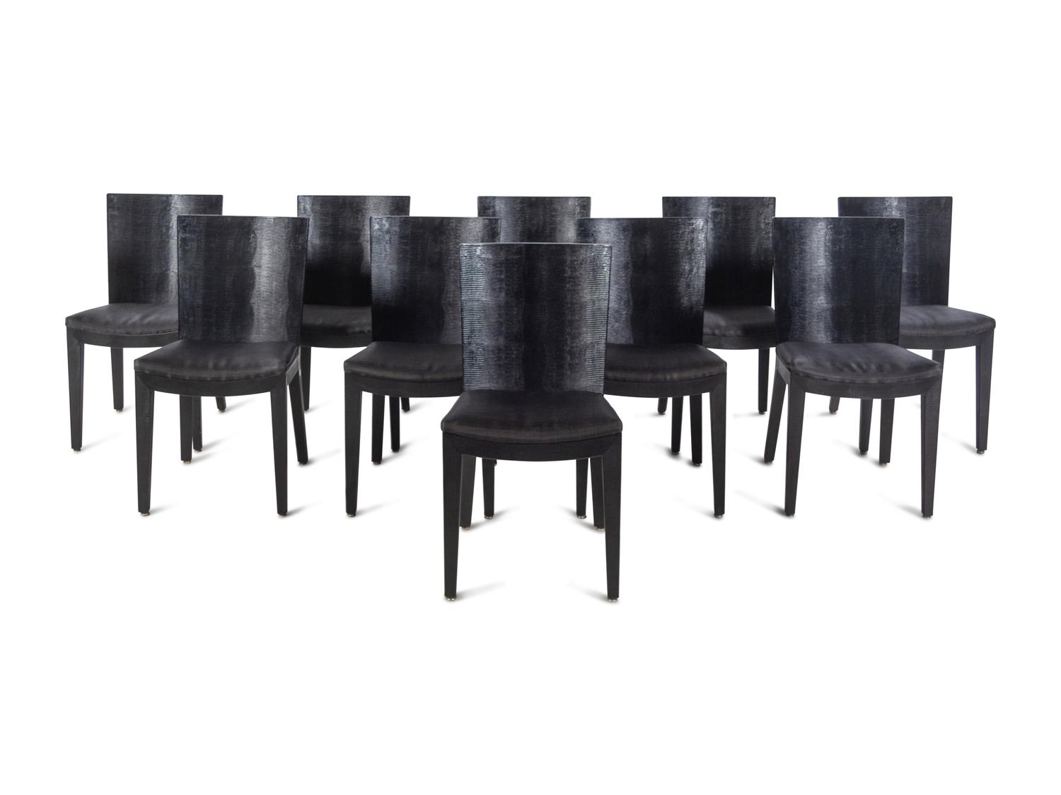 A Set of Ten Embossed Leather-Veneered Dining Chairs in the Style of Jean-Michel Frank