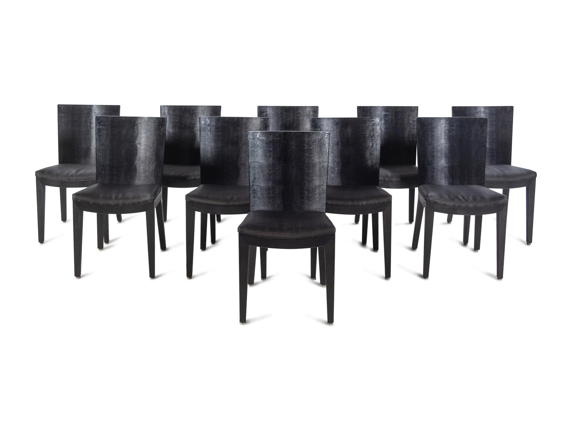 A Set of Ten Embossed Leather-Veneered Dining Chairs in the Style of Jean-Michel Frank
