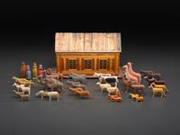 A Carved Wood and Applied Straw Work Noah's Ark with Slide-Front Cover