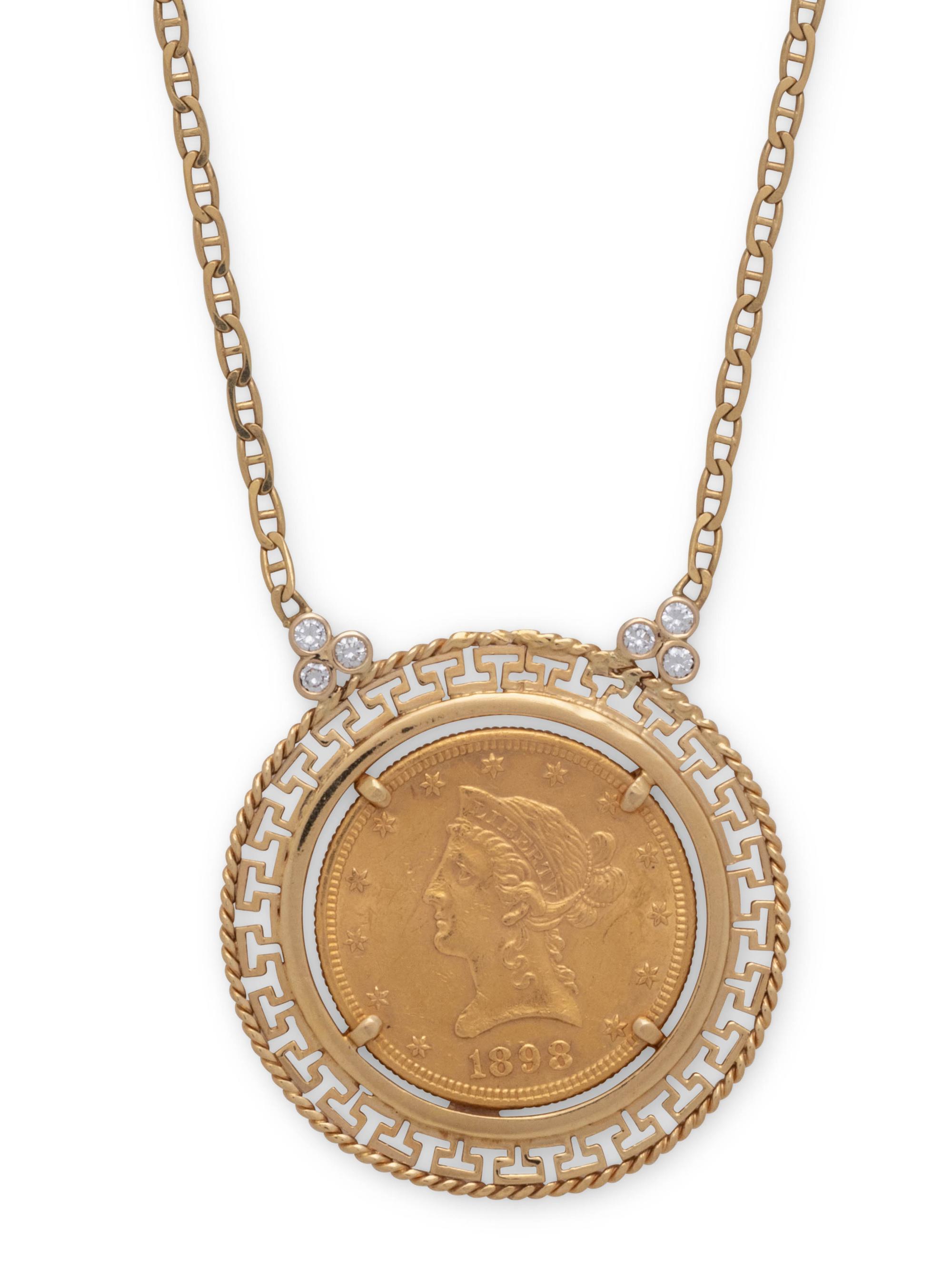 YELLOW GOLD, COIN AND DIAMOND NECKLACE