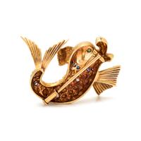 FRENCH, YELLOW GOLD, DIAMOND, SAPPHIRE AND EMERALD FISH BROOCH