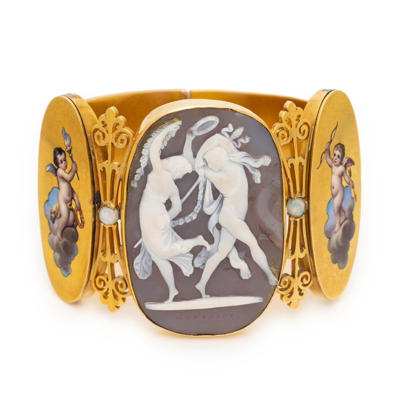 Yellow Gold, Enamel, and Cameo Bangle Bracelet