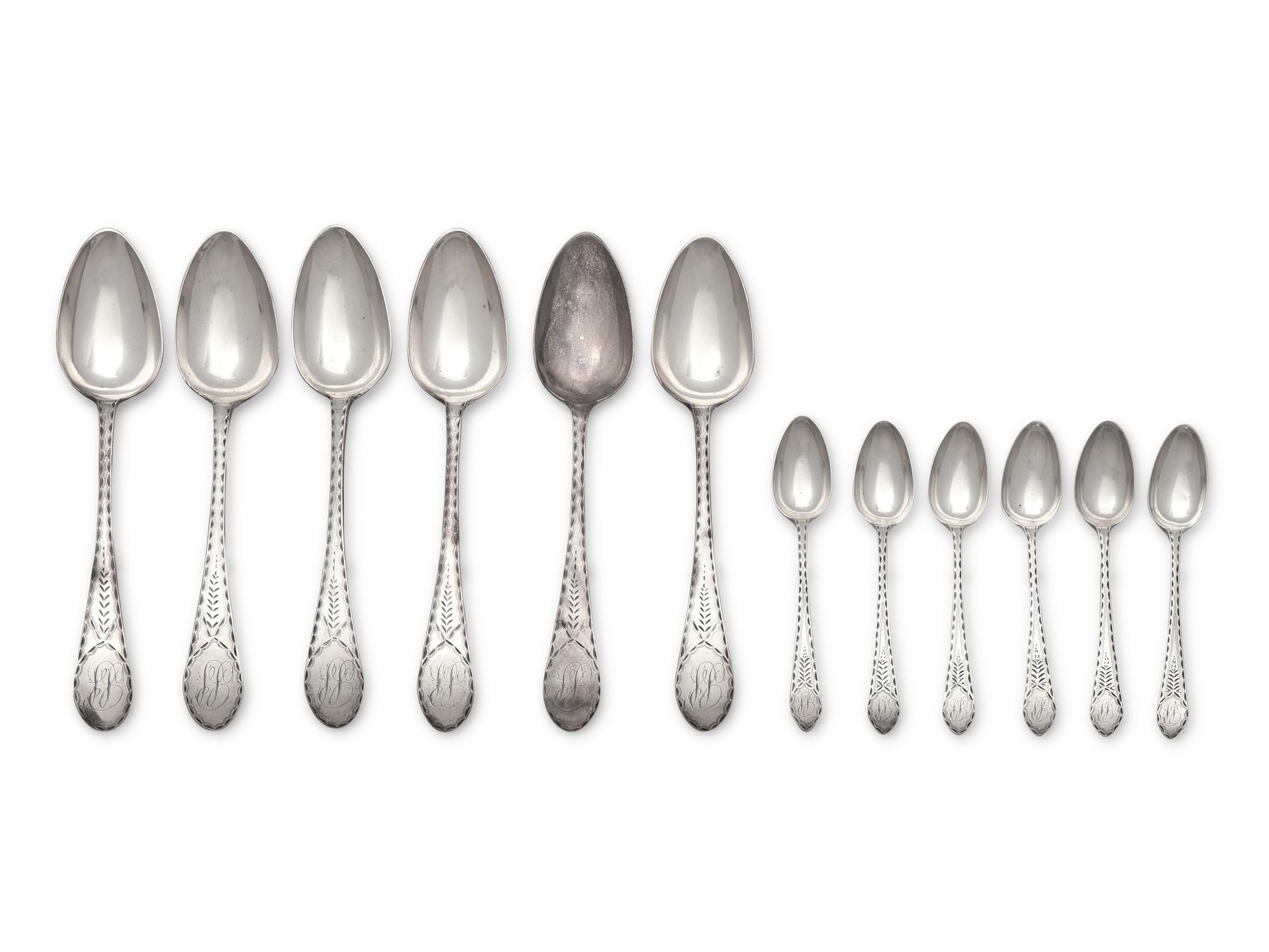A Rare Set of Twelve Silver Urn-Back Tablespoons and Shell-Back Teaspoons, John Christian Wiltberger, Sr. (1766-1851), Philadelphia, PA, Circa 1790