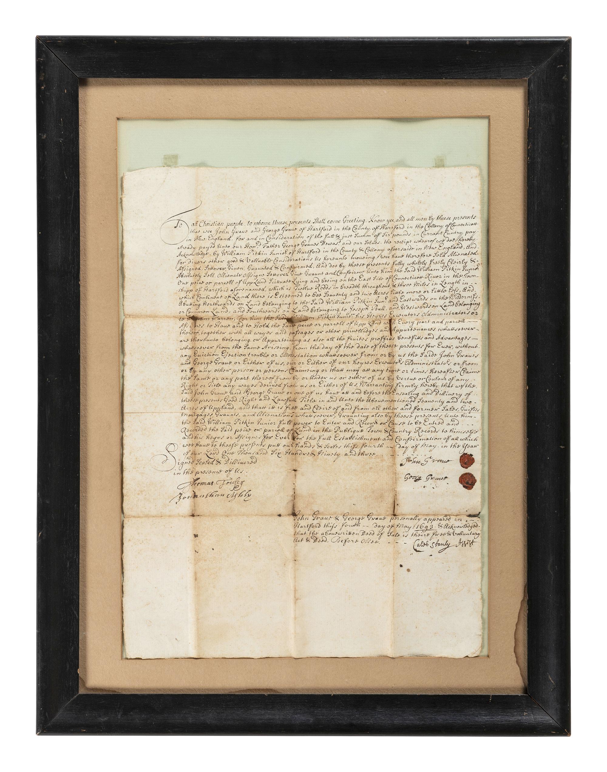 [CONNECTICUT]. Land deed for Hartford, Connecticut, 4 May 1693.