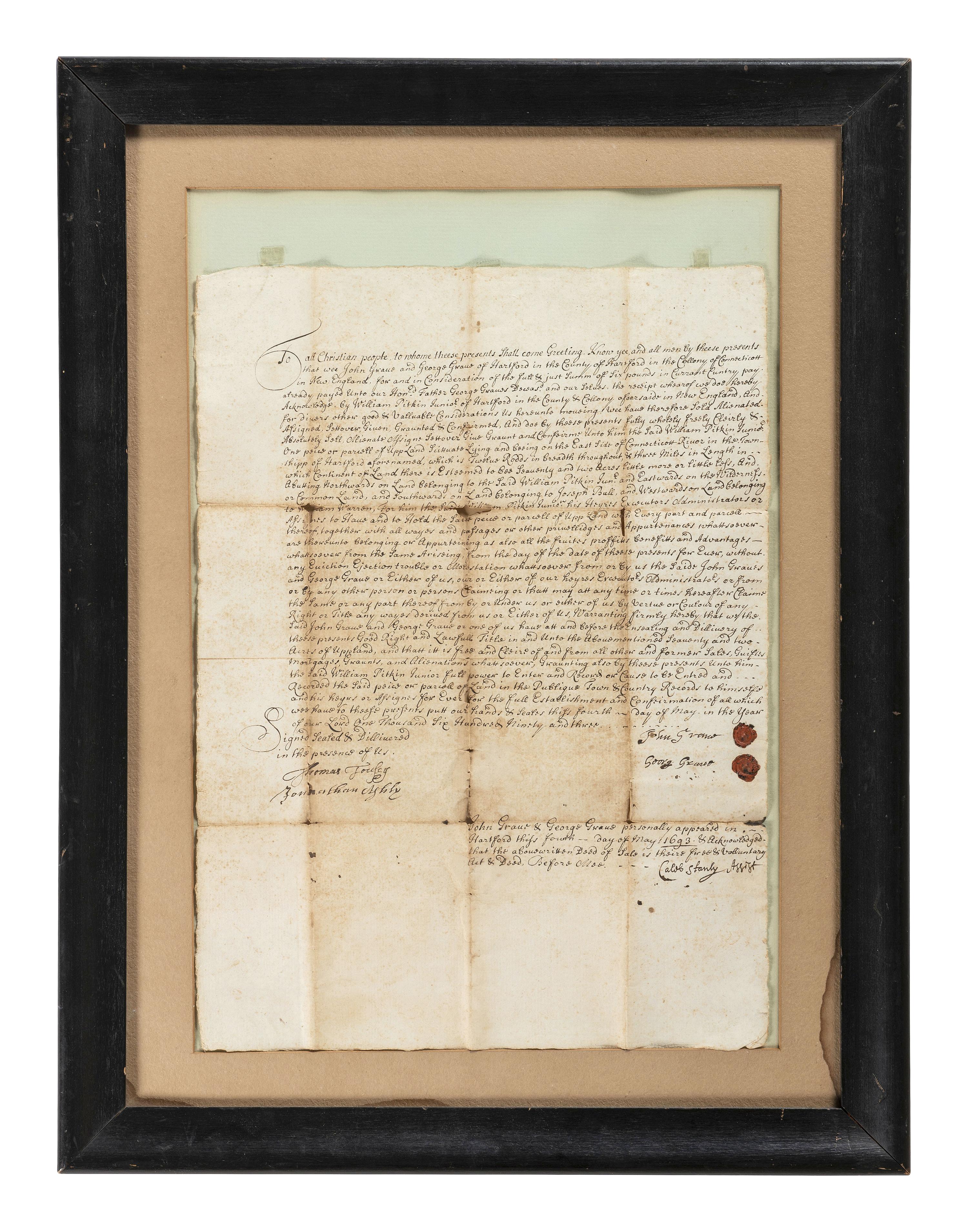 [CONNECTICUT]. Land deed for Hartford, Connecticut, 4 May 1693.