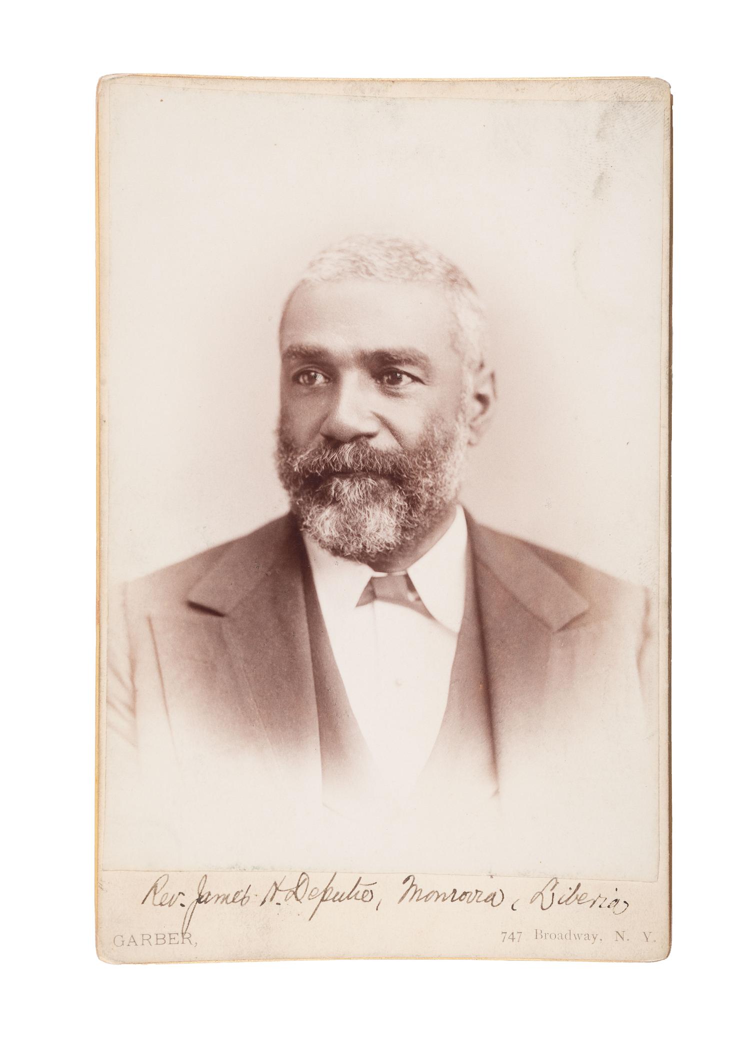 [LIBERIA] -- [DEPUTIE, James H. (1838-1896)]. GARBER, photographer. Cabinet card of Reverend James H. Deputie. New York: Garber, n.d.