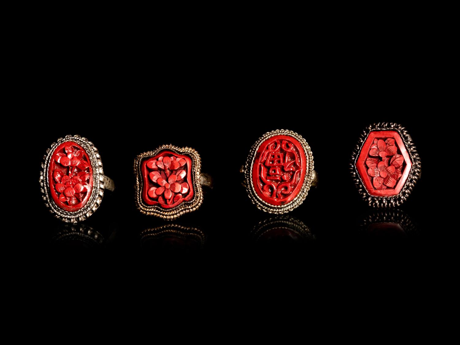 Six Chinese Red Lacquer Inset Metal Jewelry