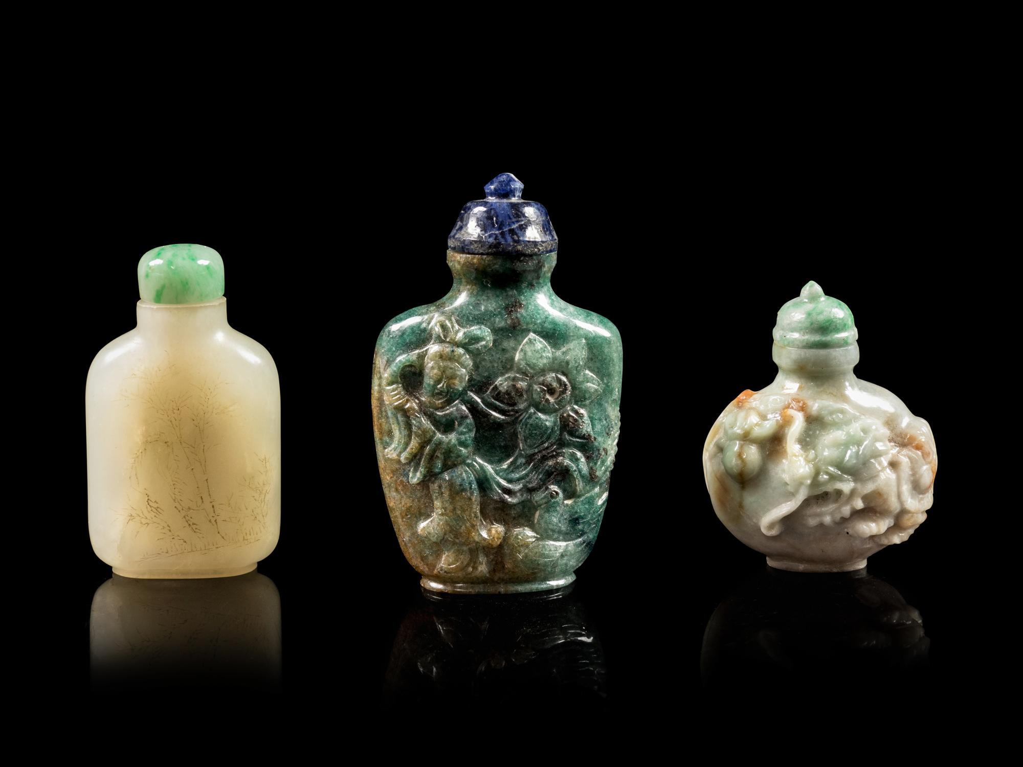 Three Chinese Jadeite and Jade Snuff Bottles