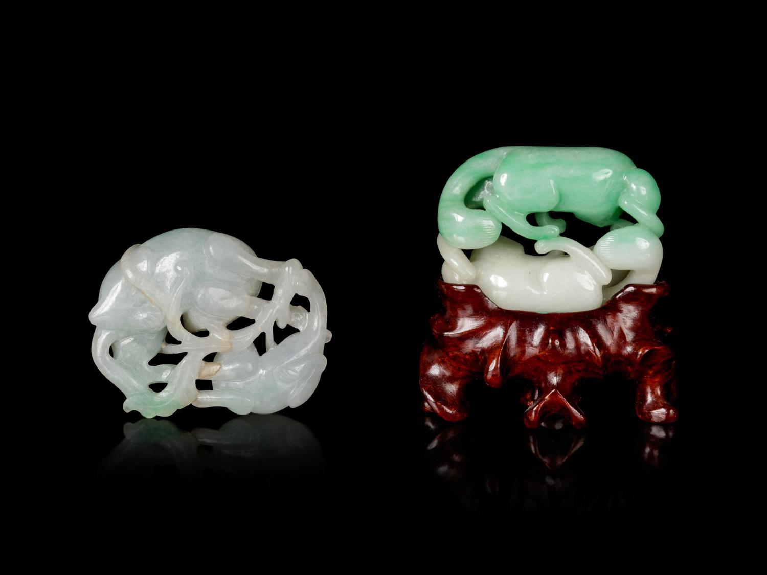 Two Apple Green and White Jadeite 'Double Badgers' Carvings