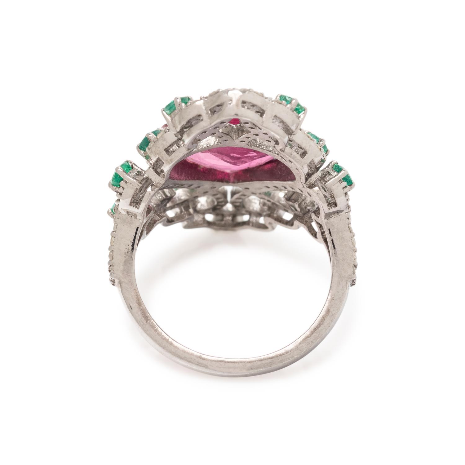 PINK TOURMALINE, EMERALD AND DIAMOND RING
