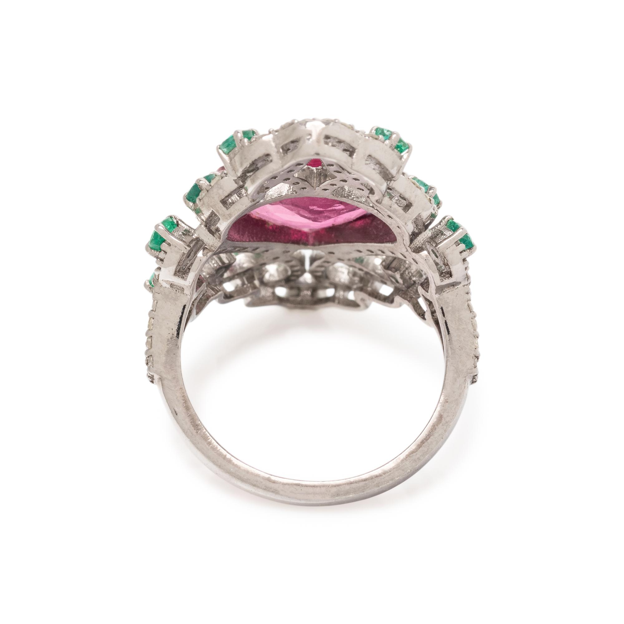 PINK TOURMALINE, EMERALD AND DIAMOND RING