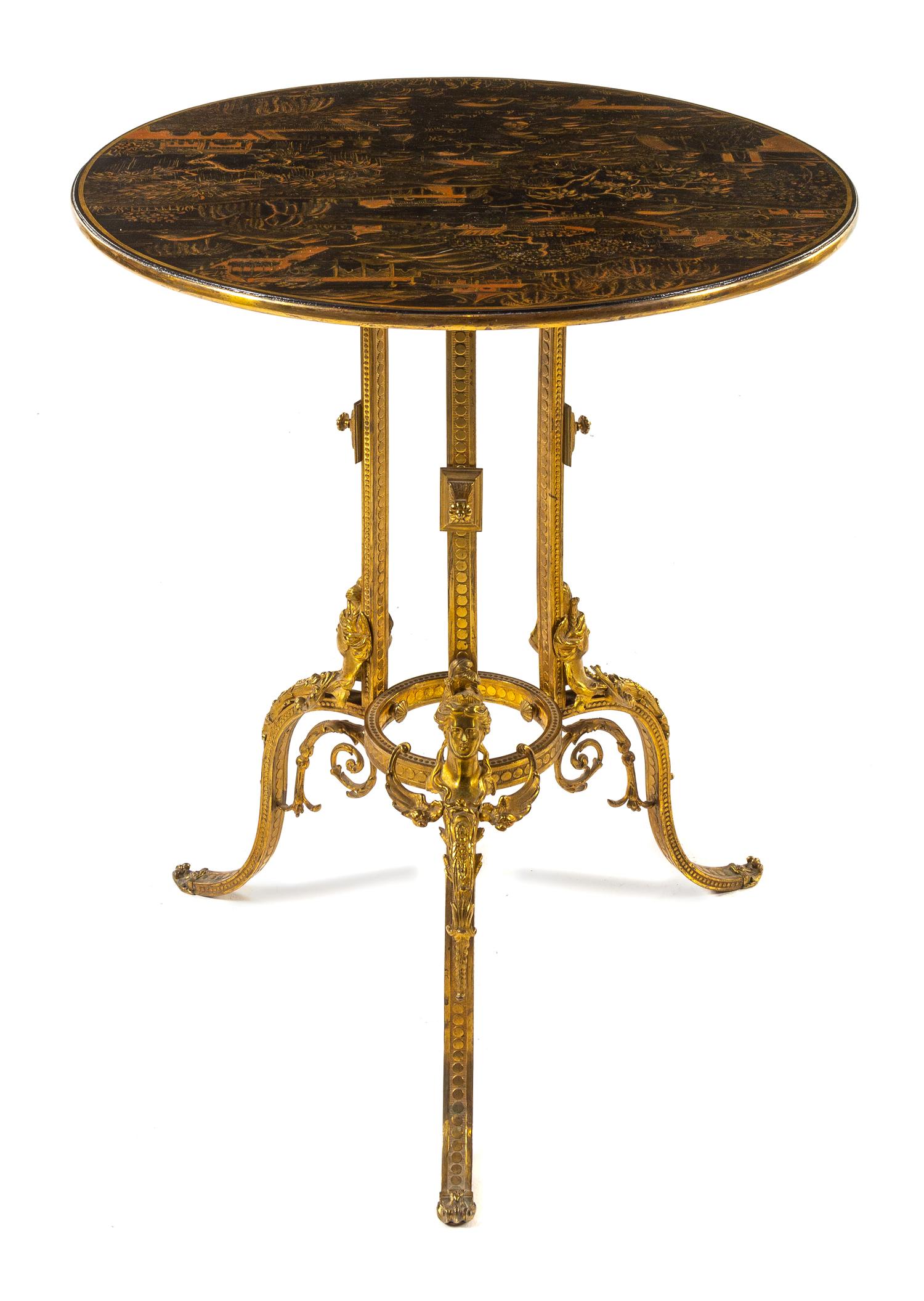 A Neoclassical Style Gilt Bronze and Lacquered Side Table Height 37 x diameter of top 26 1/2 inches. — 20TH CENTURY