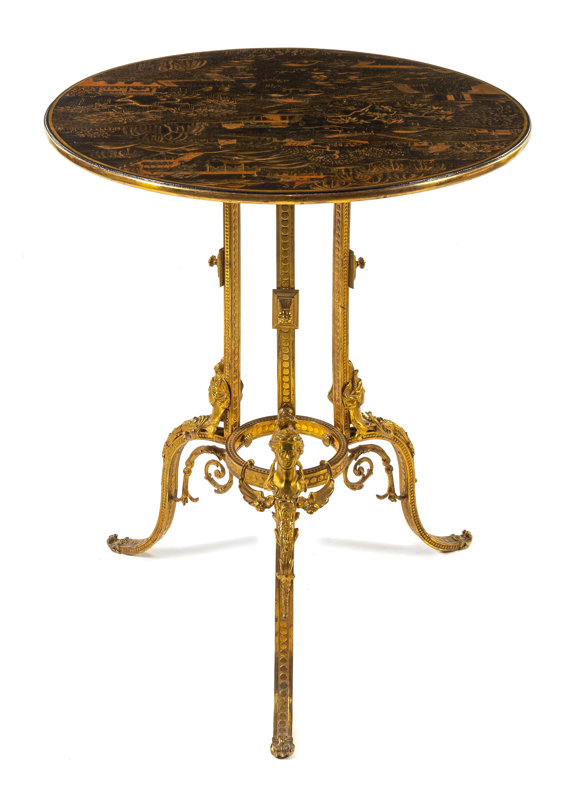 A Neoclassical Style Gilt Bronze and Lacquered Side Table Height 37 x diameter of top 26 1/2 inches. — 20TH CENTURY