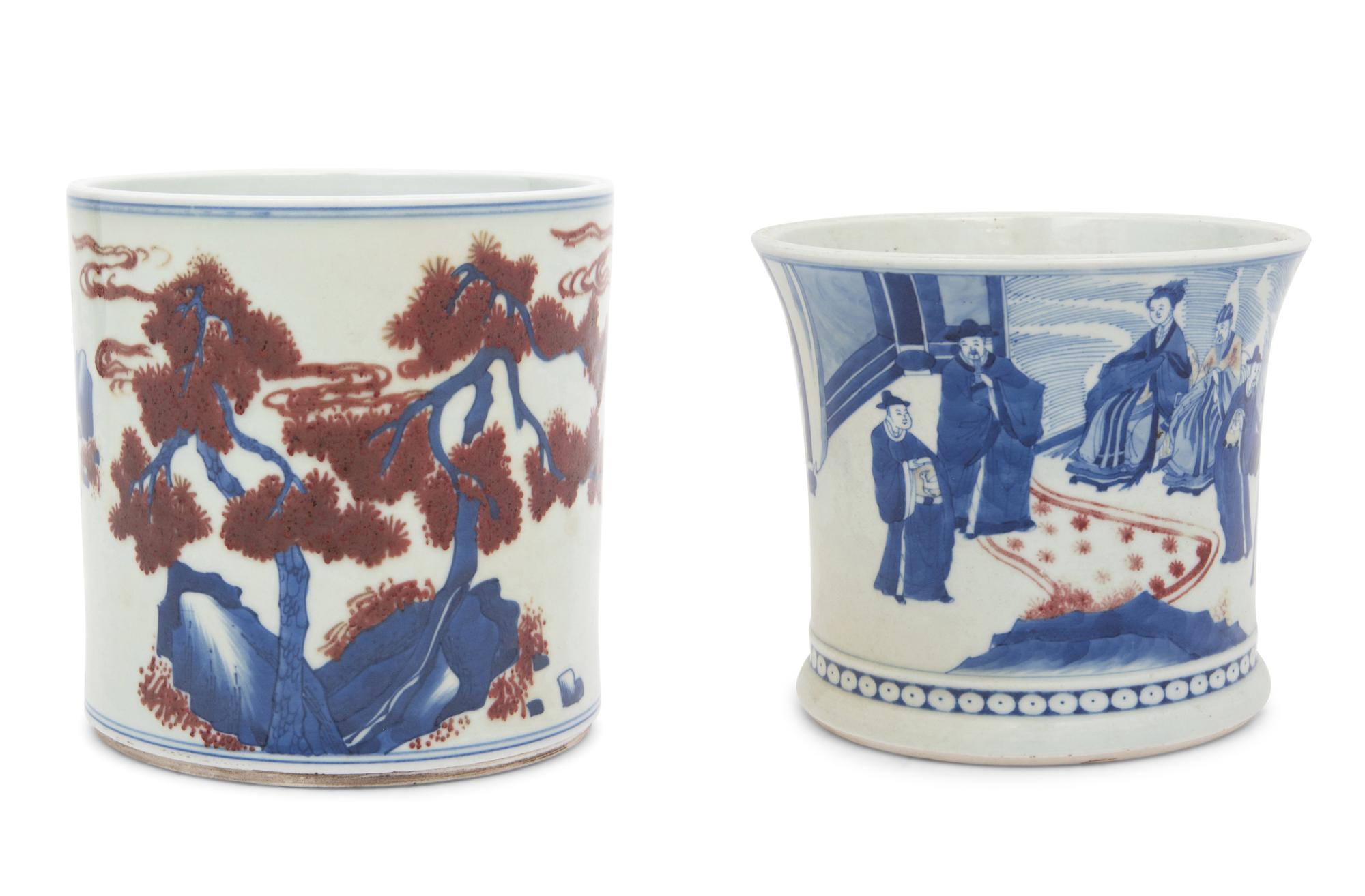 Two Chinese Underglaze Blue and Copper Red Porcelain Brushpots, Bitong