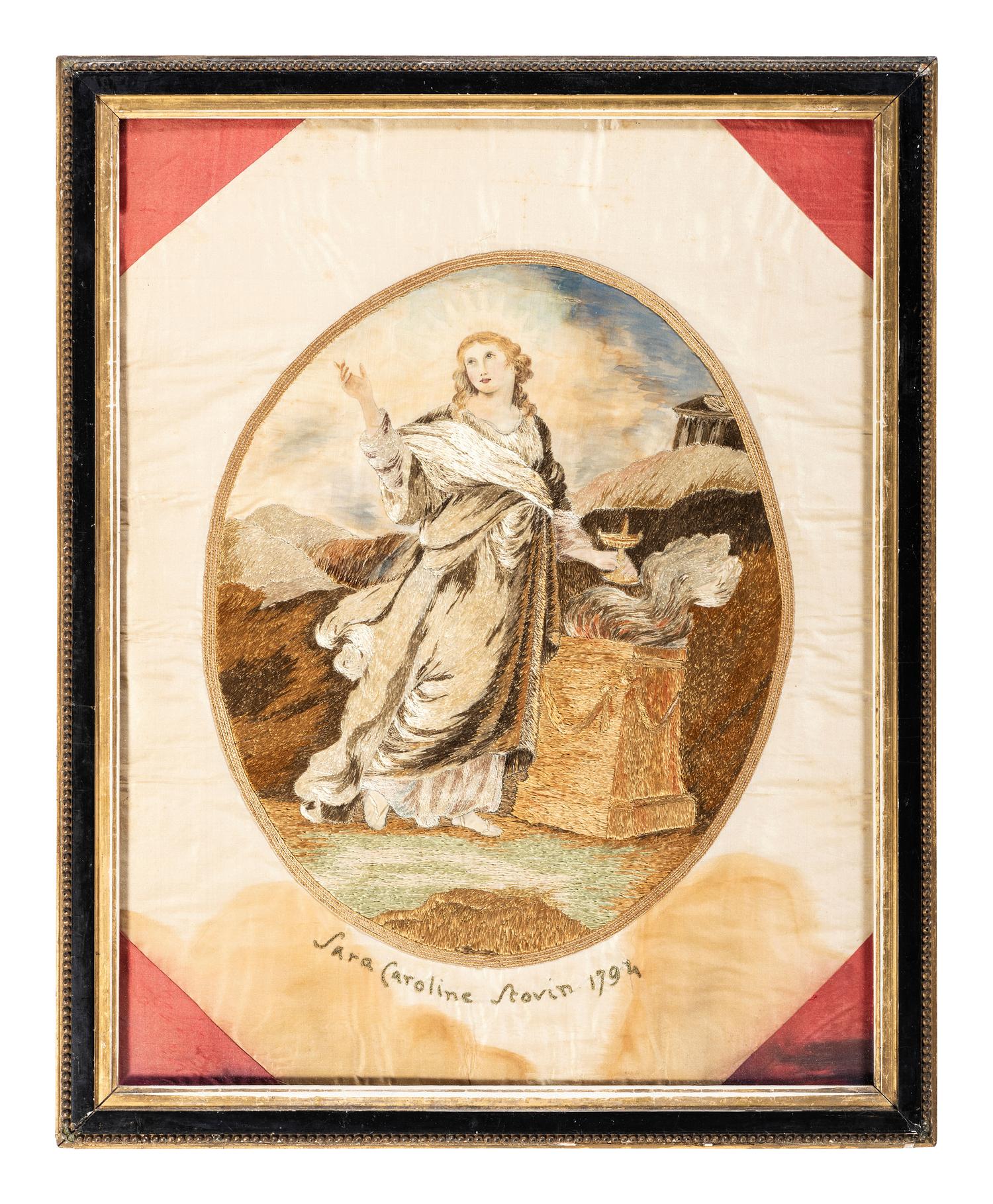 A Pair of Needlework Embroidered Pictures, Wrought by Sara Caroline Scovin