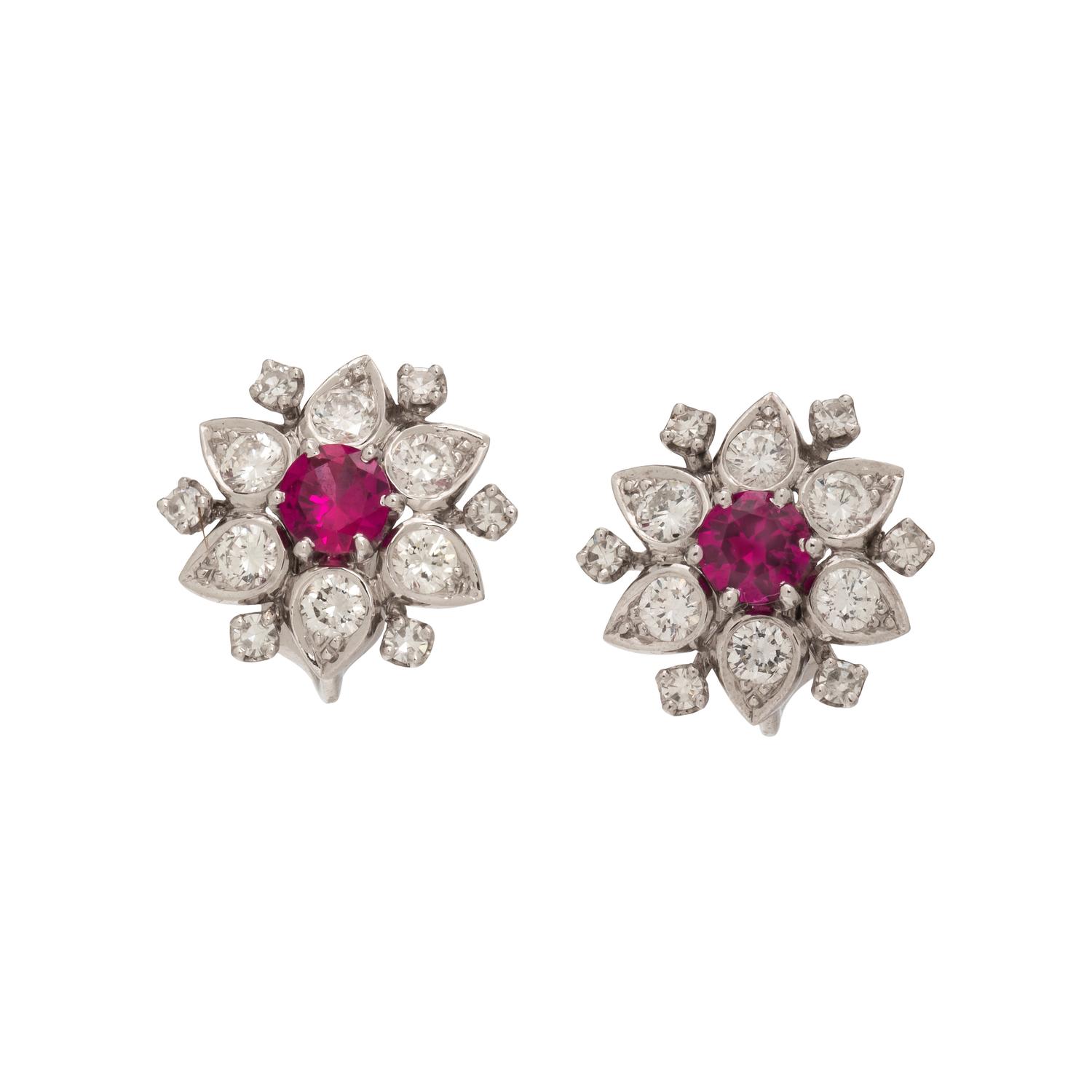 SYNTHETIC PINK SAPPHIRE AND DIAMOND EARRINGS
